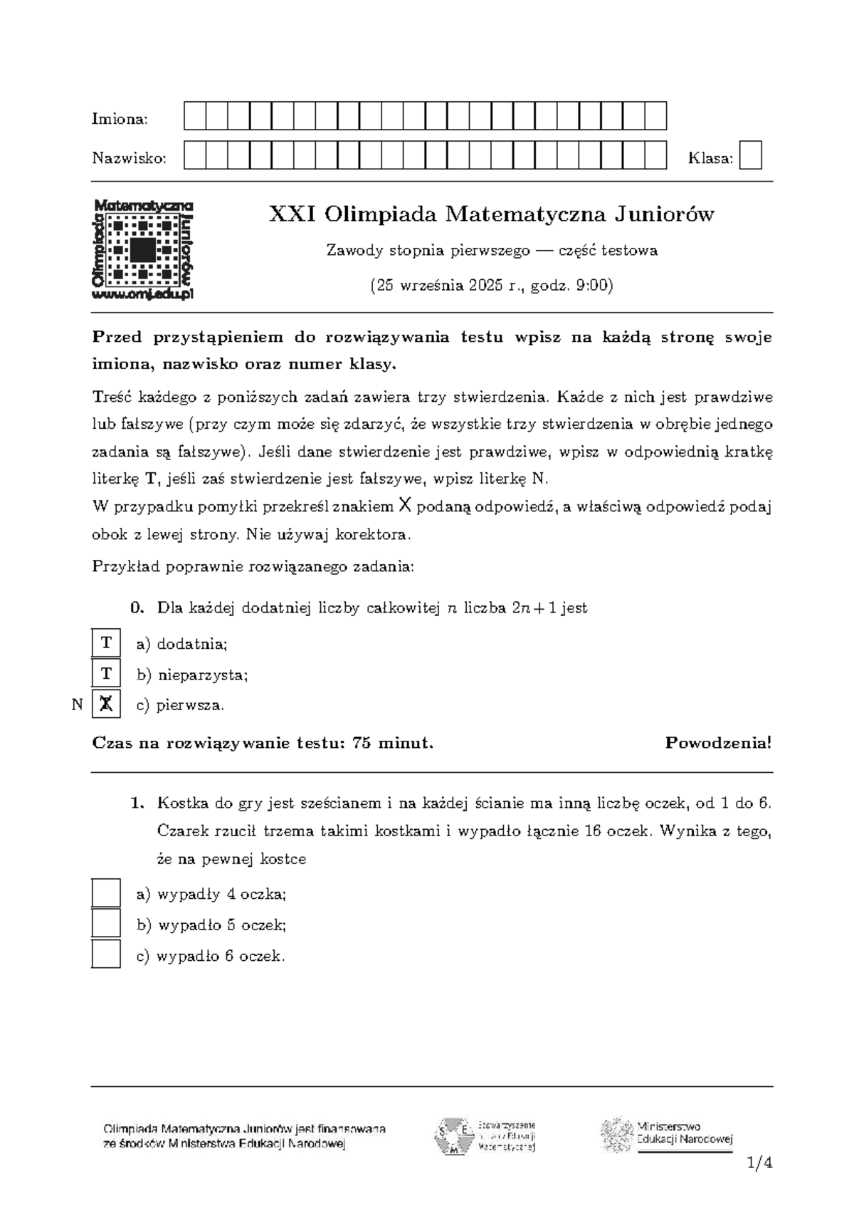 Test Matematyczny 21OMJ Olimpiada Junior w 2025 Studocu