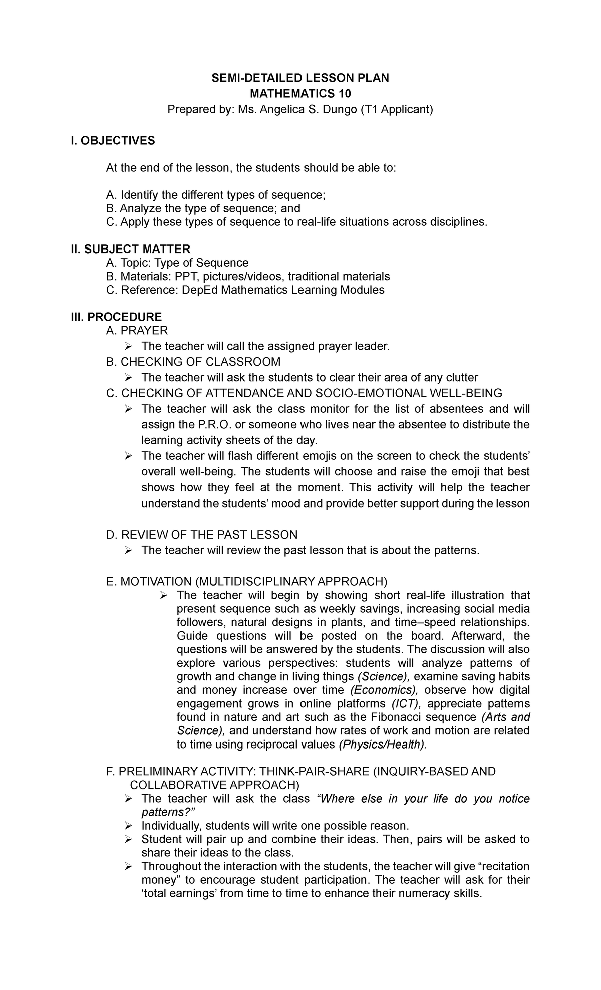 MATHEMATICS 10 LESSON PLAN: TYPES OF SEQUENCES - Studocu