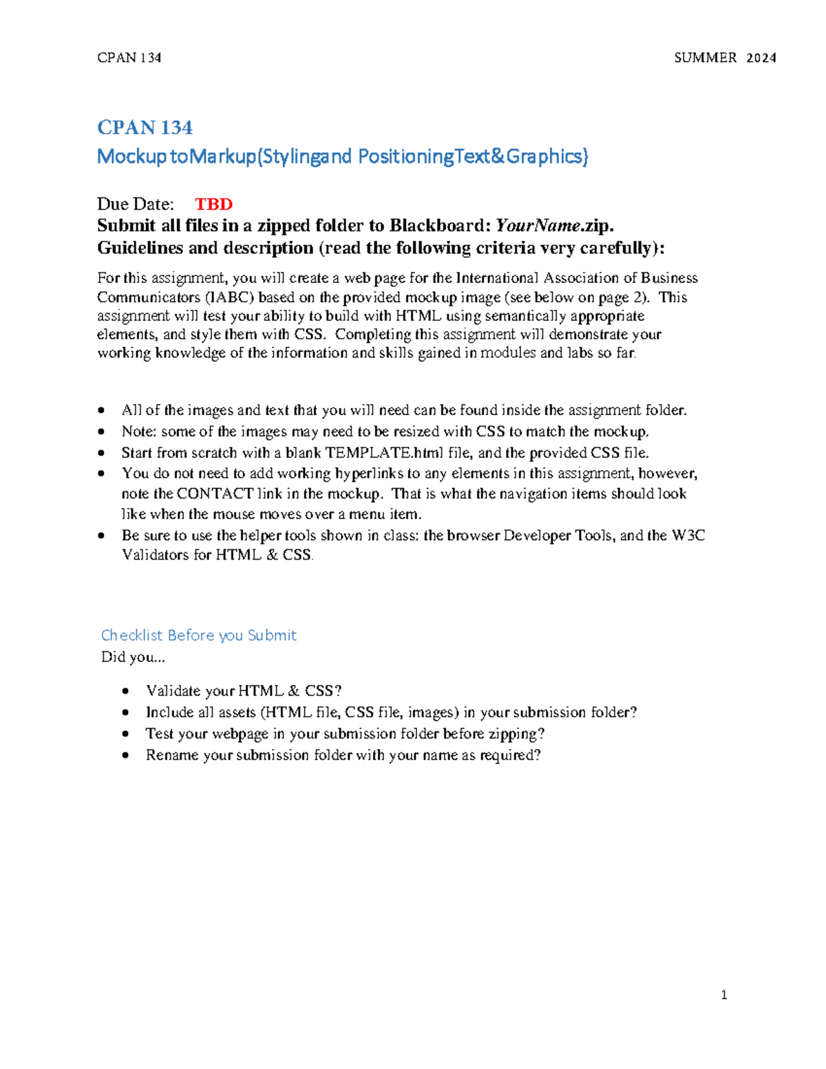 CPAN134-Assignment: Mockup to Markup Guidelines for Summer 2024 - Studocu