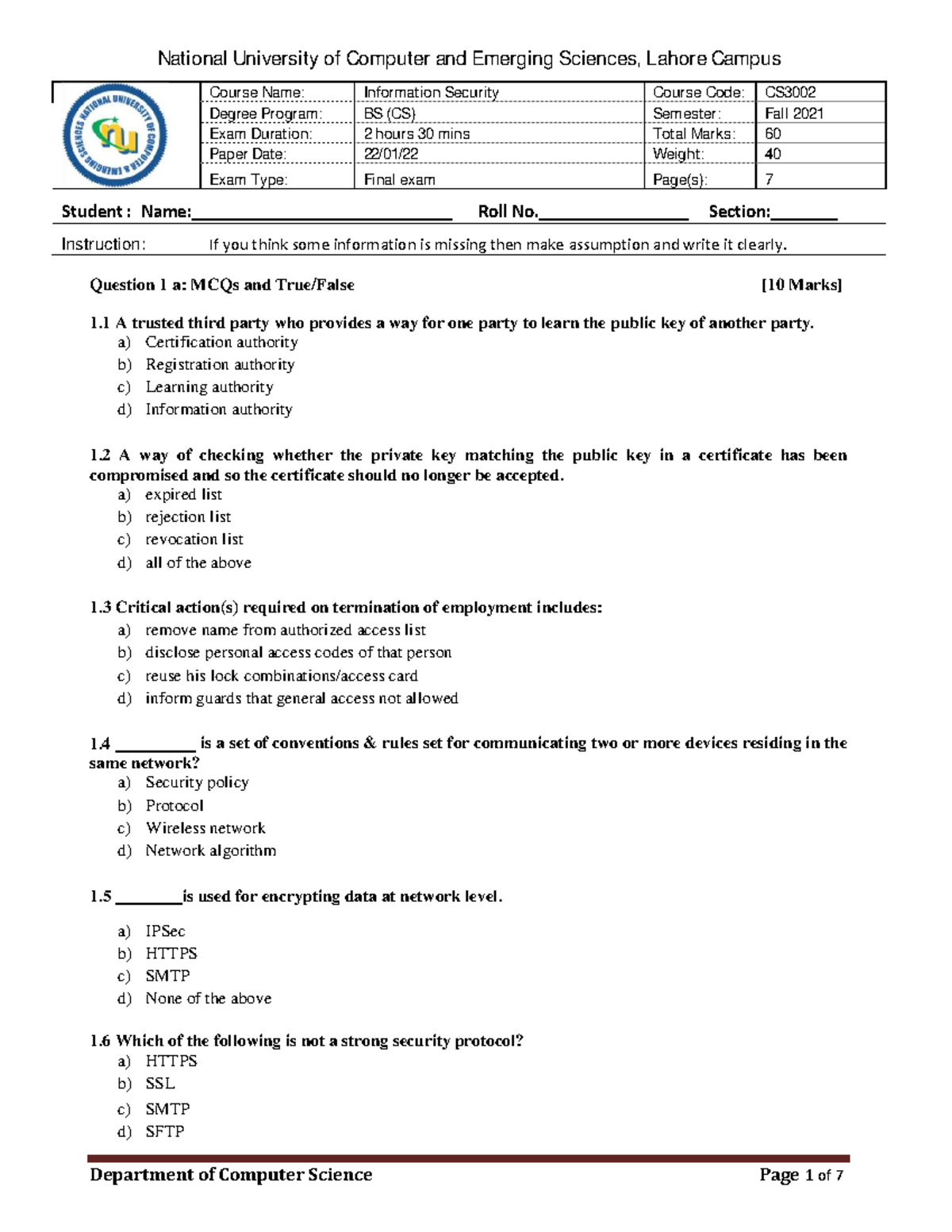 CS3002 Information Security Final Exam Sample - Fall 2021 - Studocu