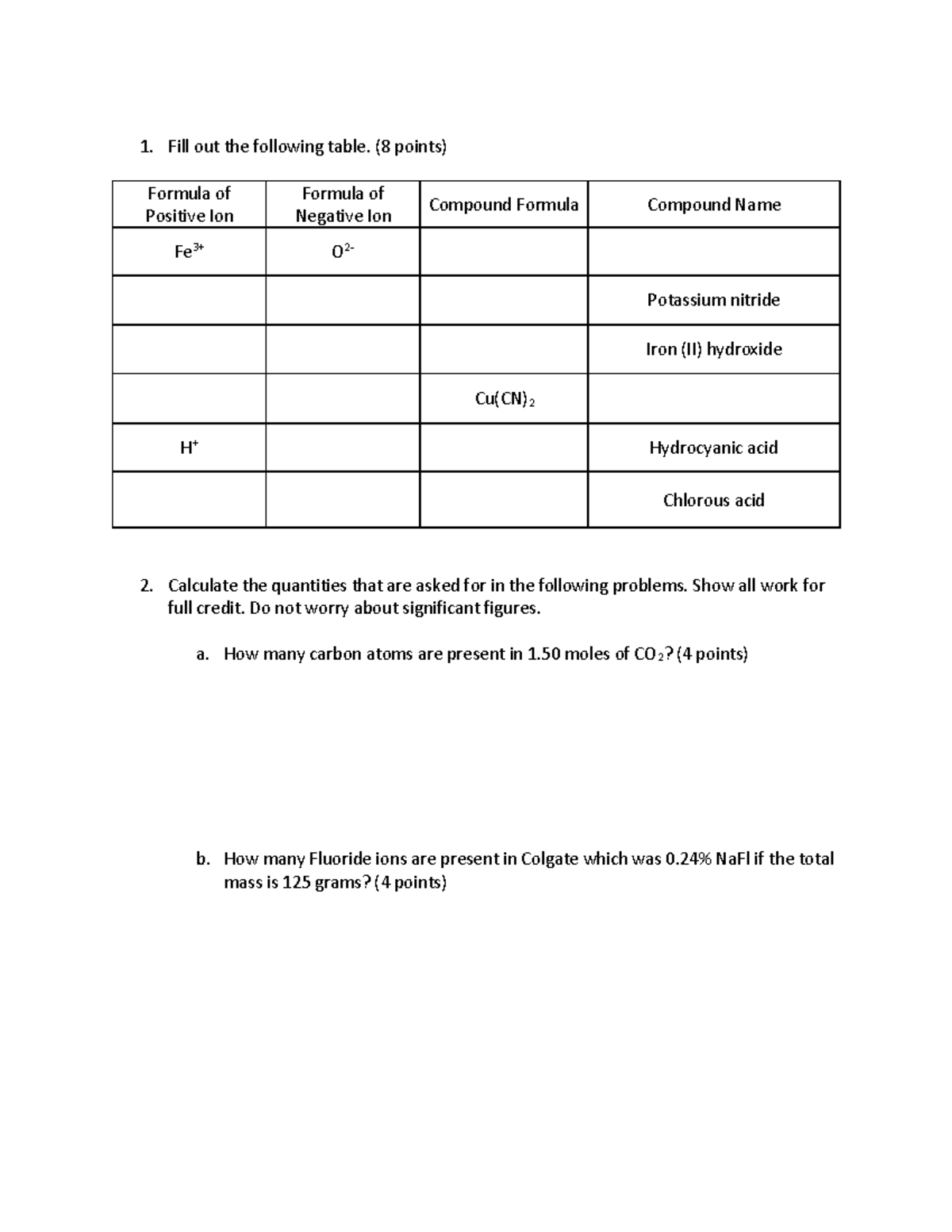 Chem 111 Final Exam Worksheet: Ionic Compounds & Reactions - Studocu