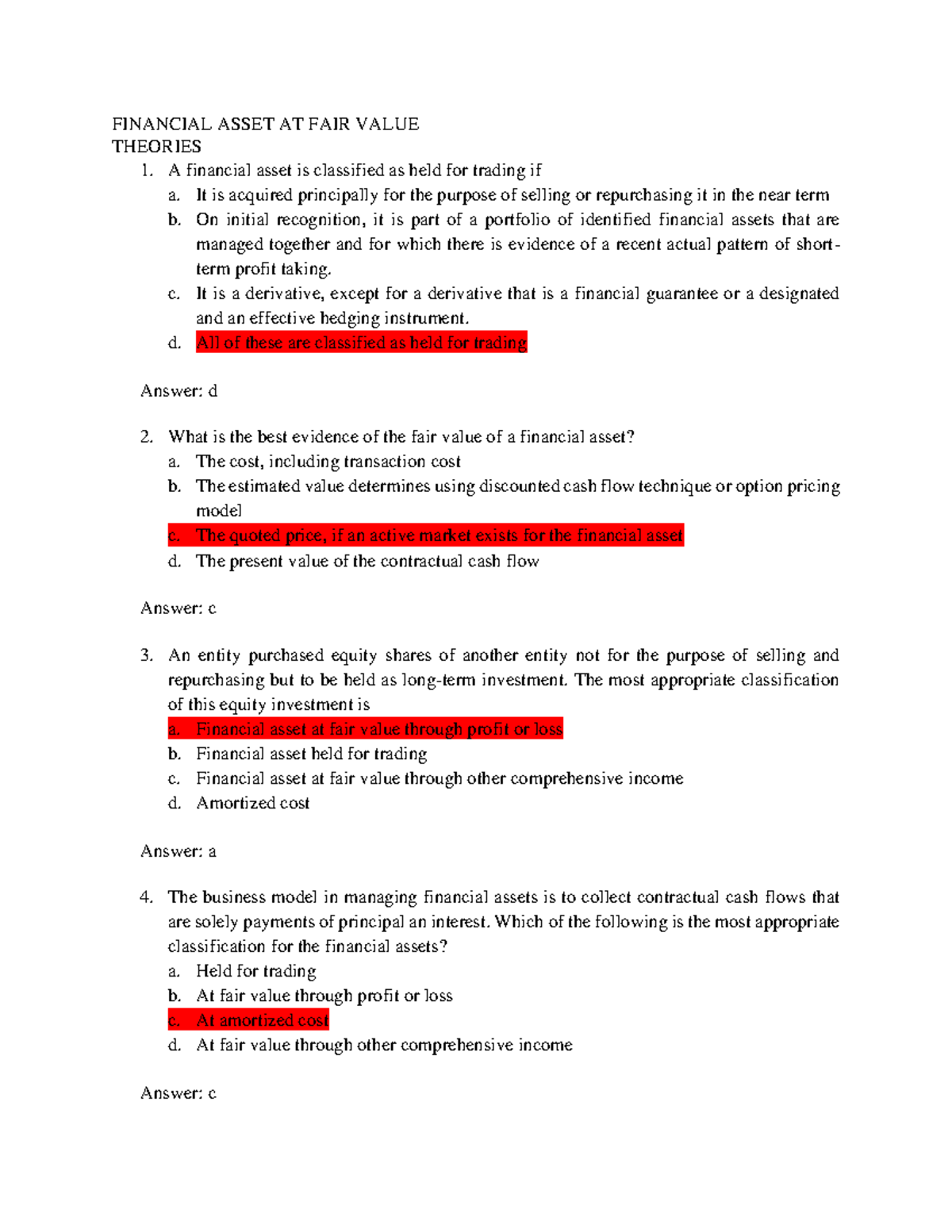 Financial Assets at Fair Value Quiz (Course Code: FIN-101) - Studocu