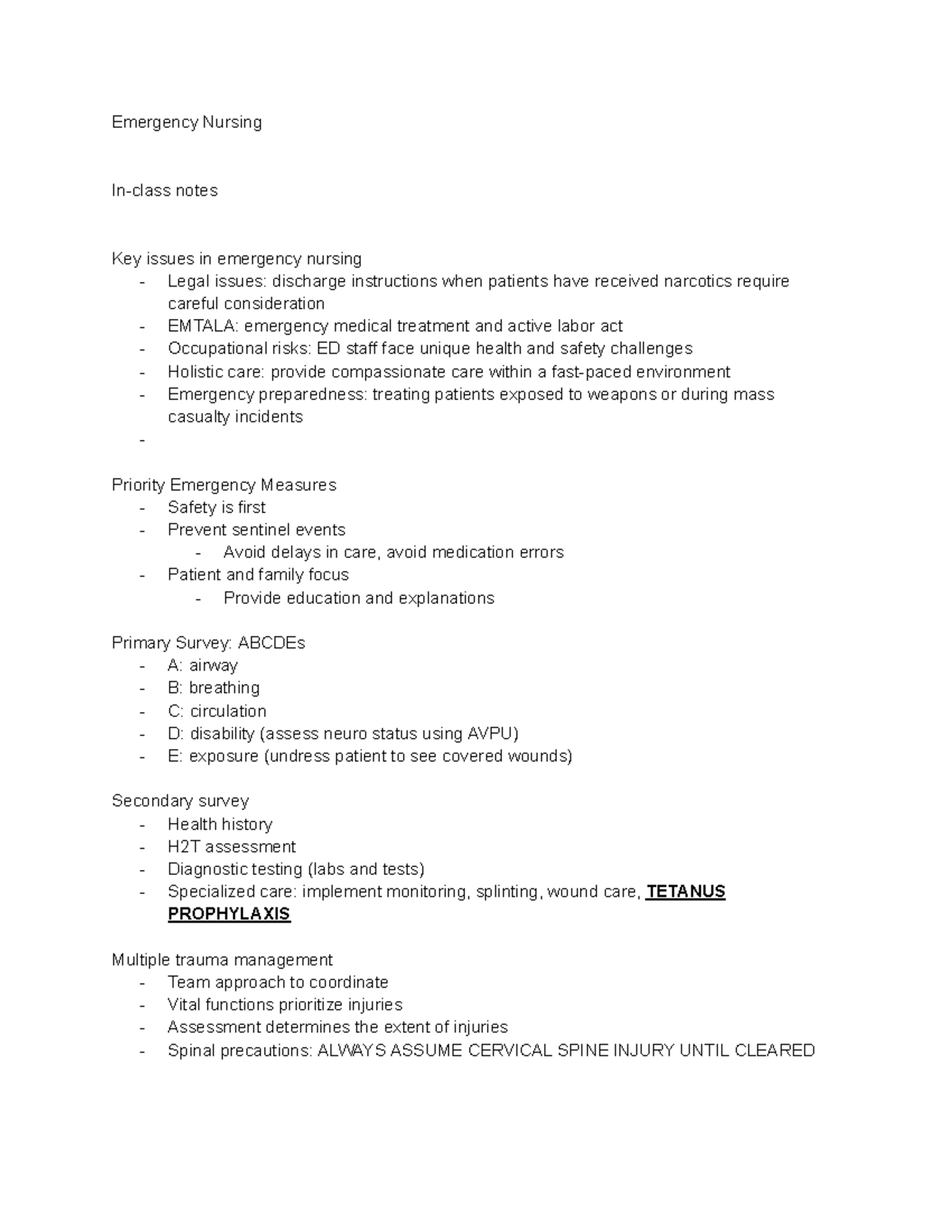 Emergency Nursing In-Class Notes: Key Concepts & Triage Strategies ...