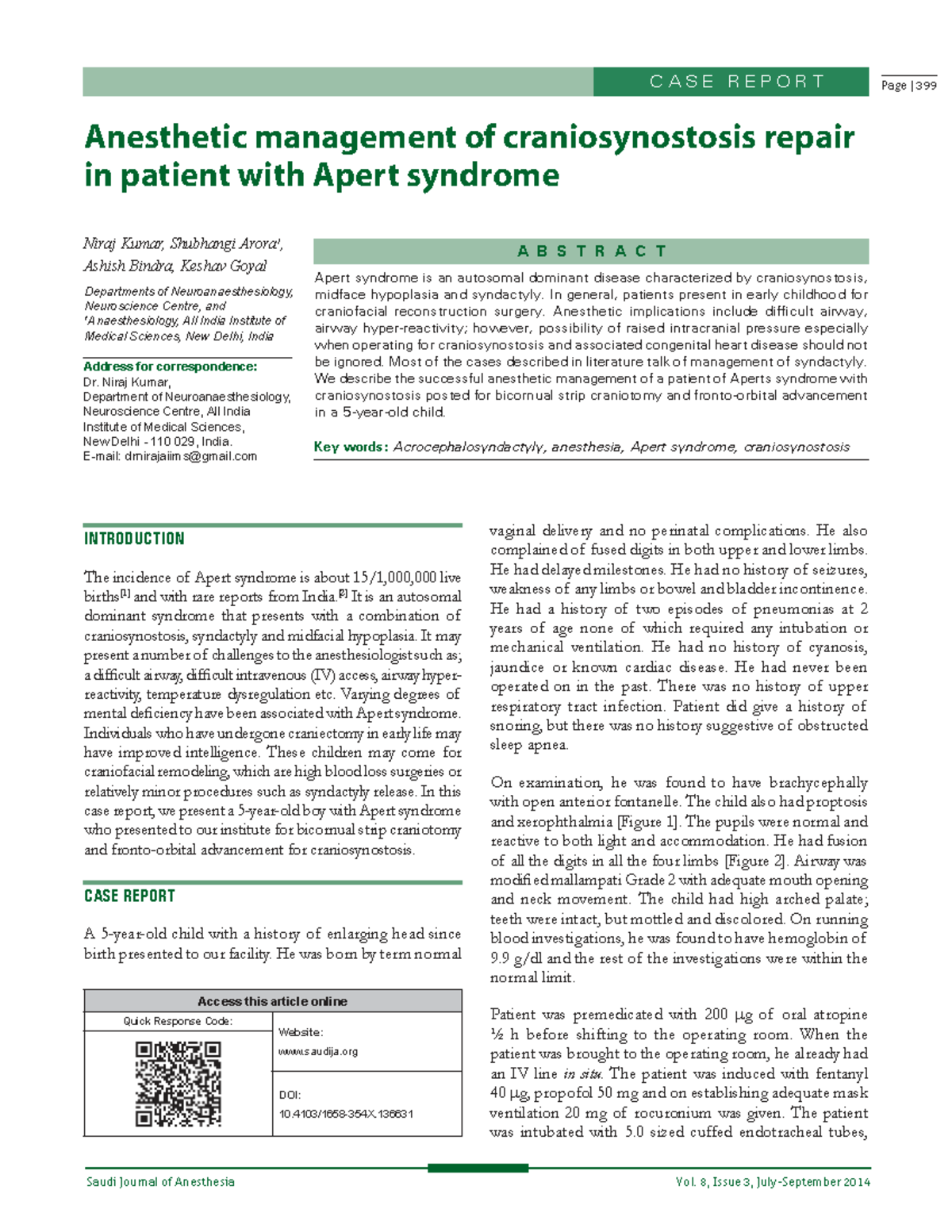 Anesthetic Management of Craniosynostosis in Apert Syndrome: A Case ...