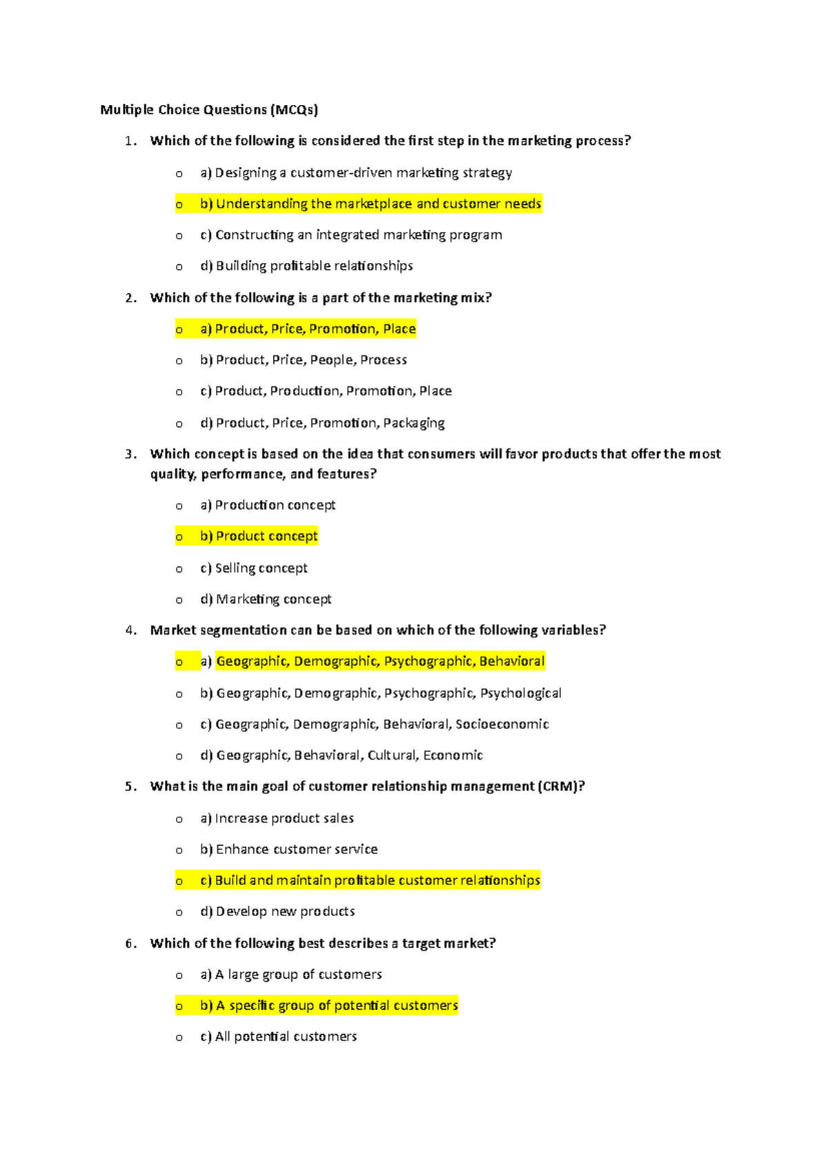 Multiple Choice Questions for Marketing MM - Chapter 1 - Studocu