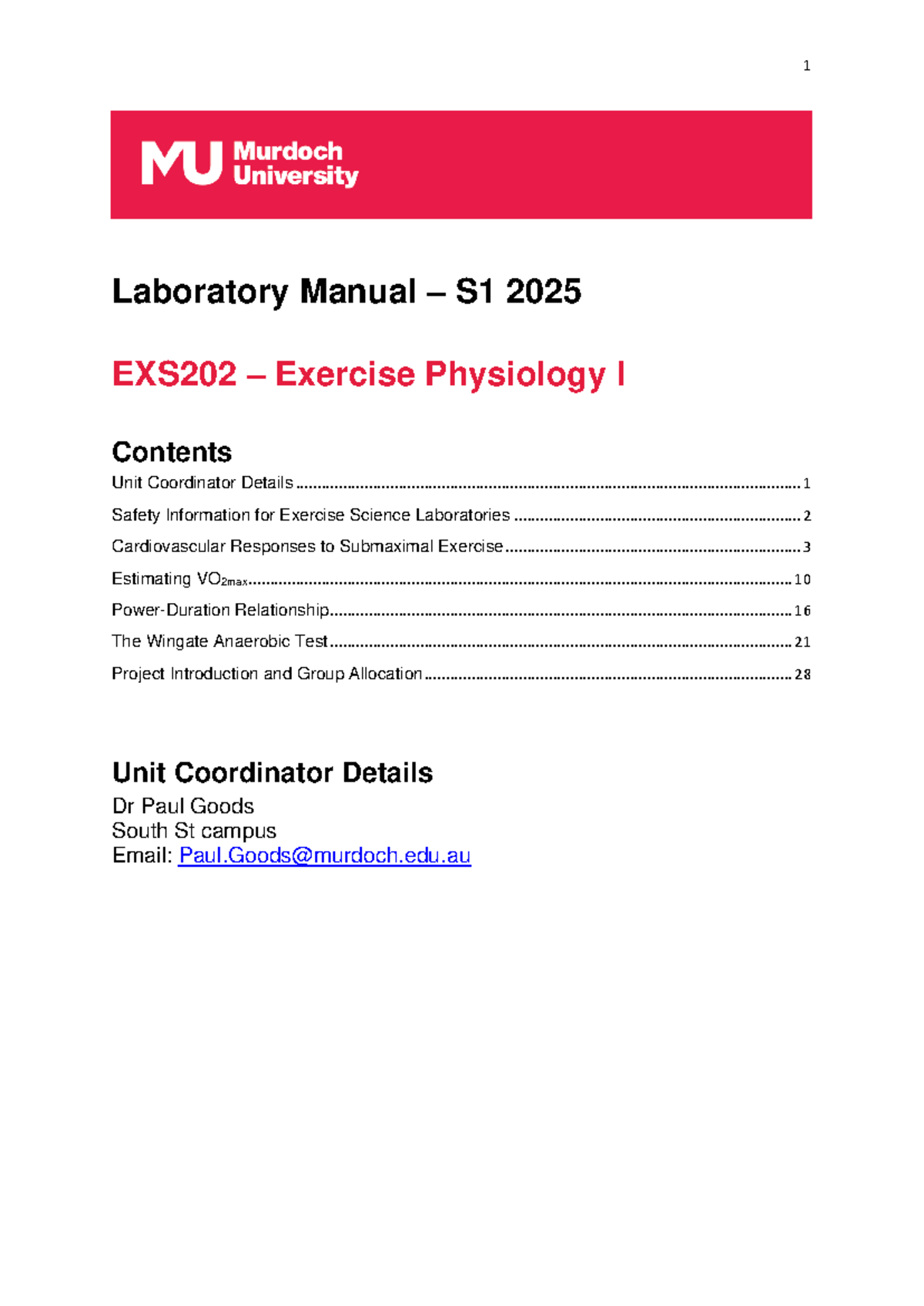EXS202 Laboratory Manual S1 2025: Exercise Physiology I Procedures and ...