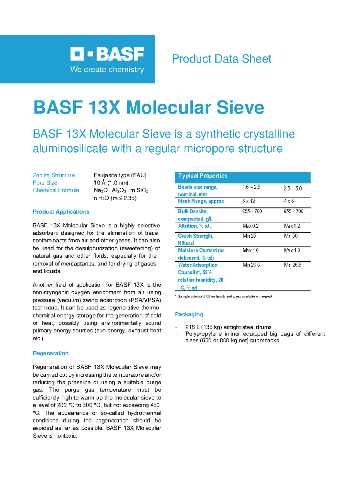 BASF 13X molecular sieve product data sheet and applications - Studeersnel