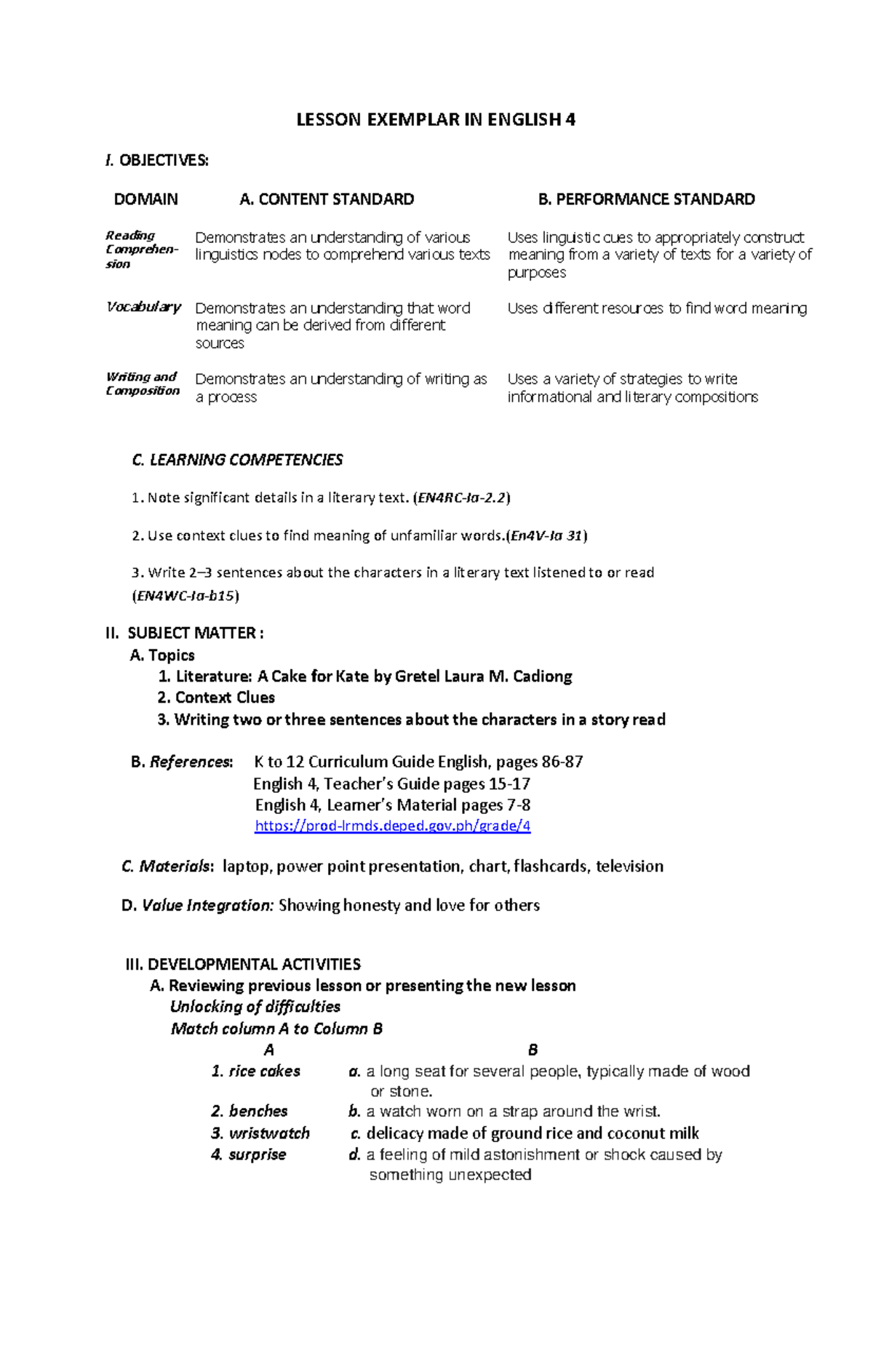 English 4 - Lesson Exemplar: Comprehension and Writing Activities - Studocu