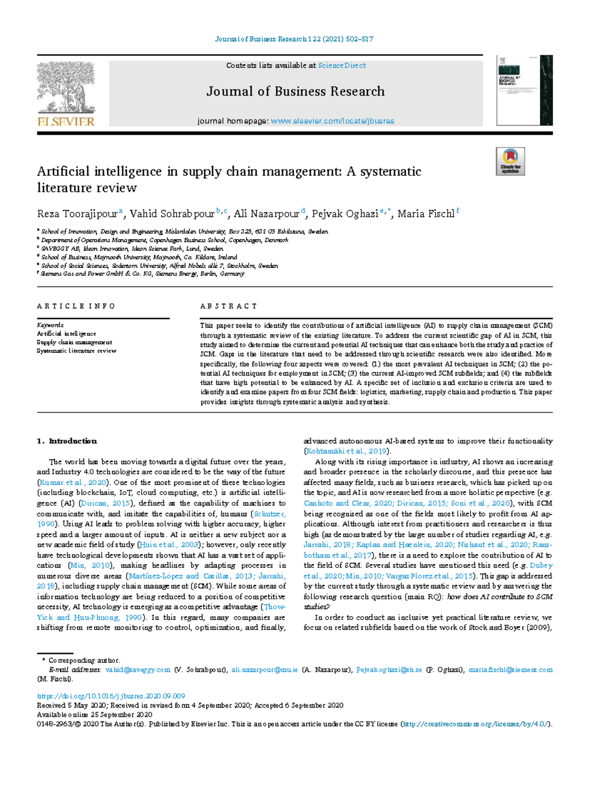 AI in Supply Chain Management: A Systematic Literature Review (BUS 122 ...