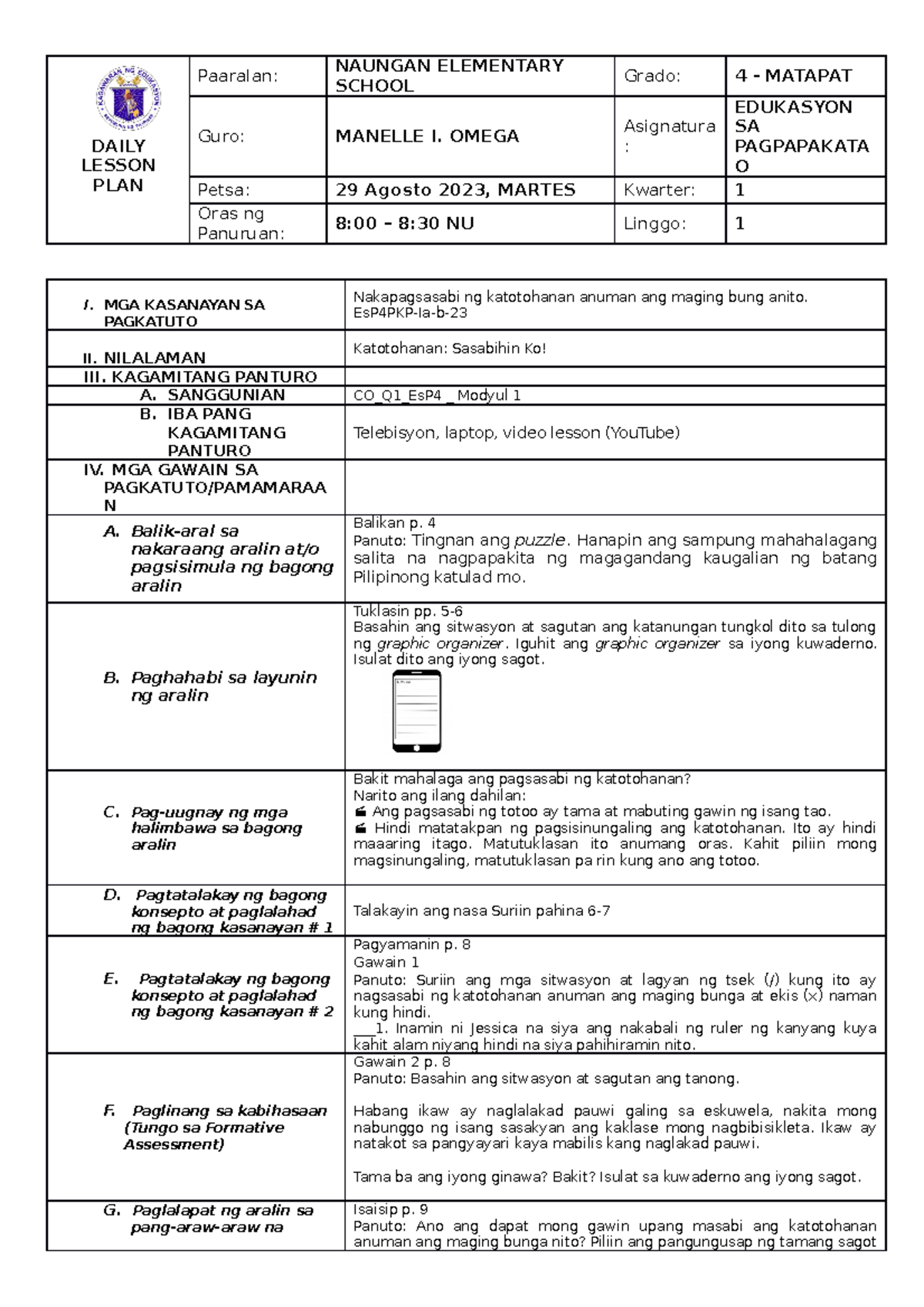 DLP-Q1-AUG29 - Daily Lesson Plan for Grade 4 Subjects - Studocu