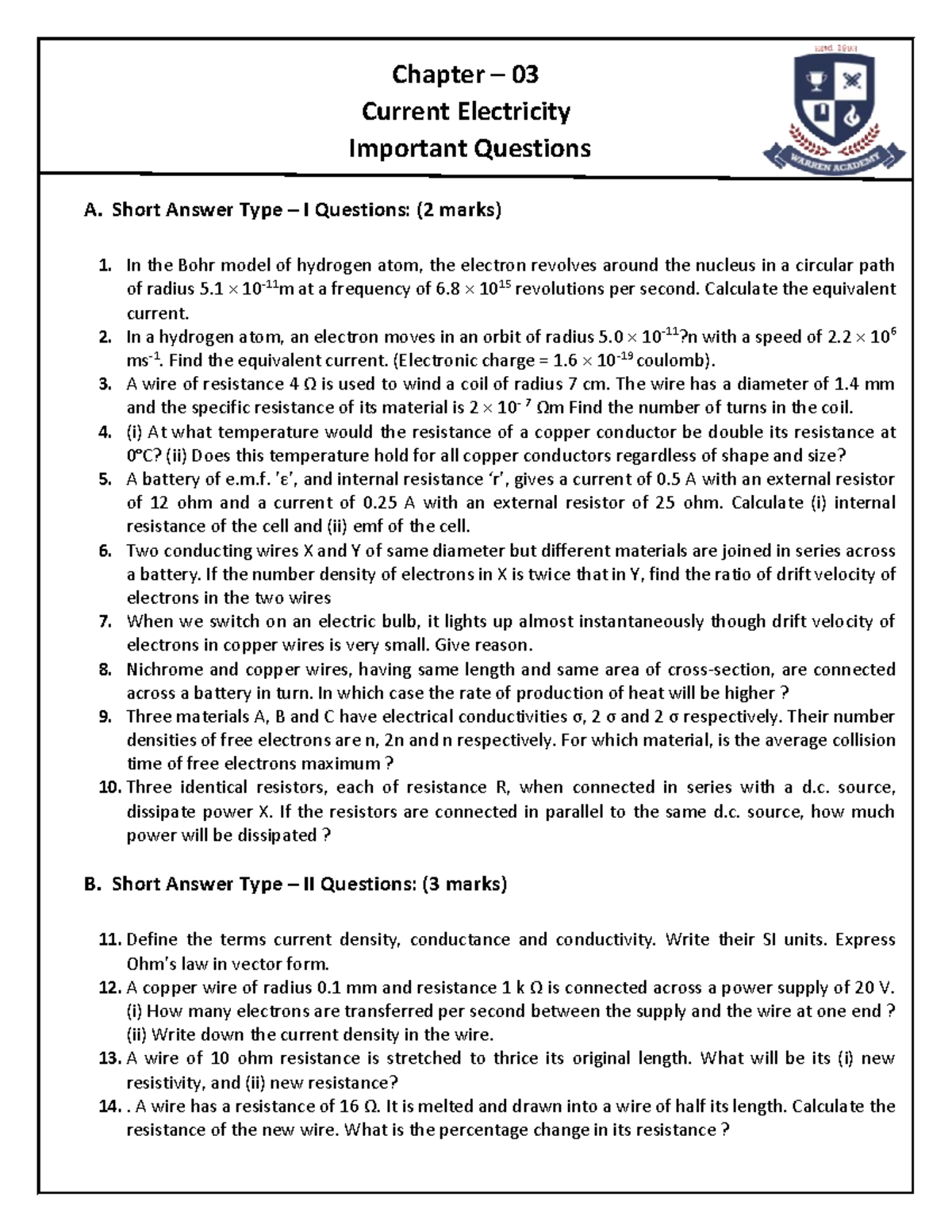 XII - Chapter - 03 Current Electricity - Chapter – 03 Current ...