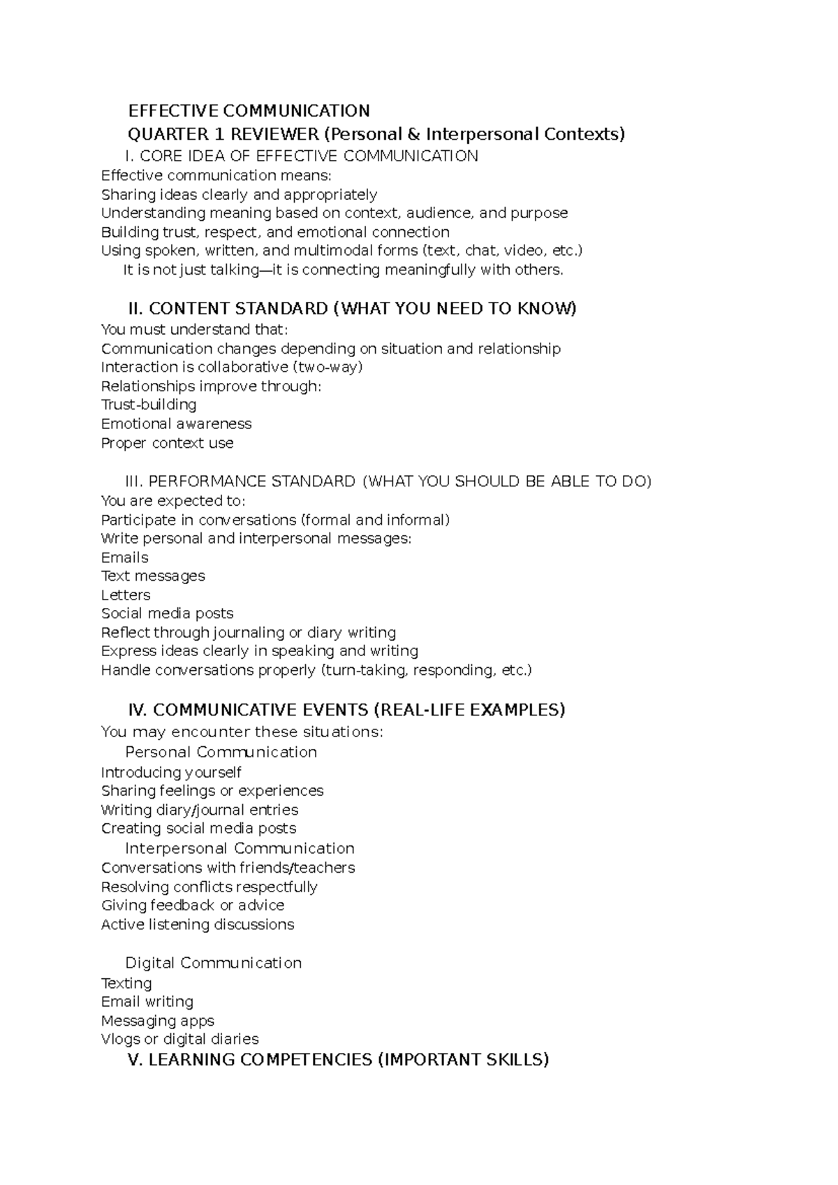 Effective Communication Q1 Reviewer: Key Concepts & Skills - Studocu