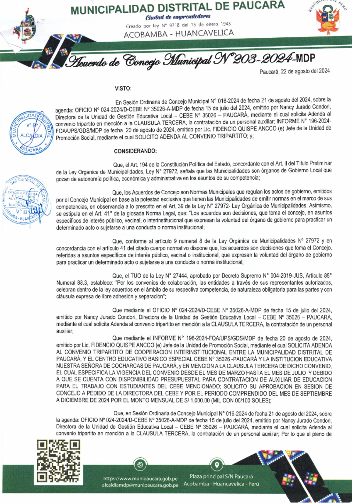 Acuerdo Municipal 203 de Paucará: Adenda al Convenio Educativo 2024 - Document Preview
