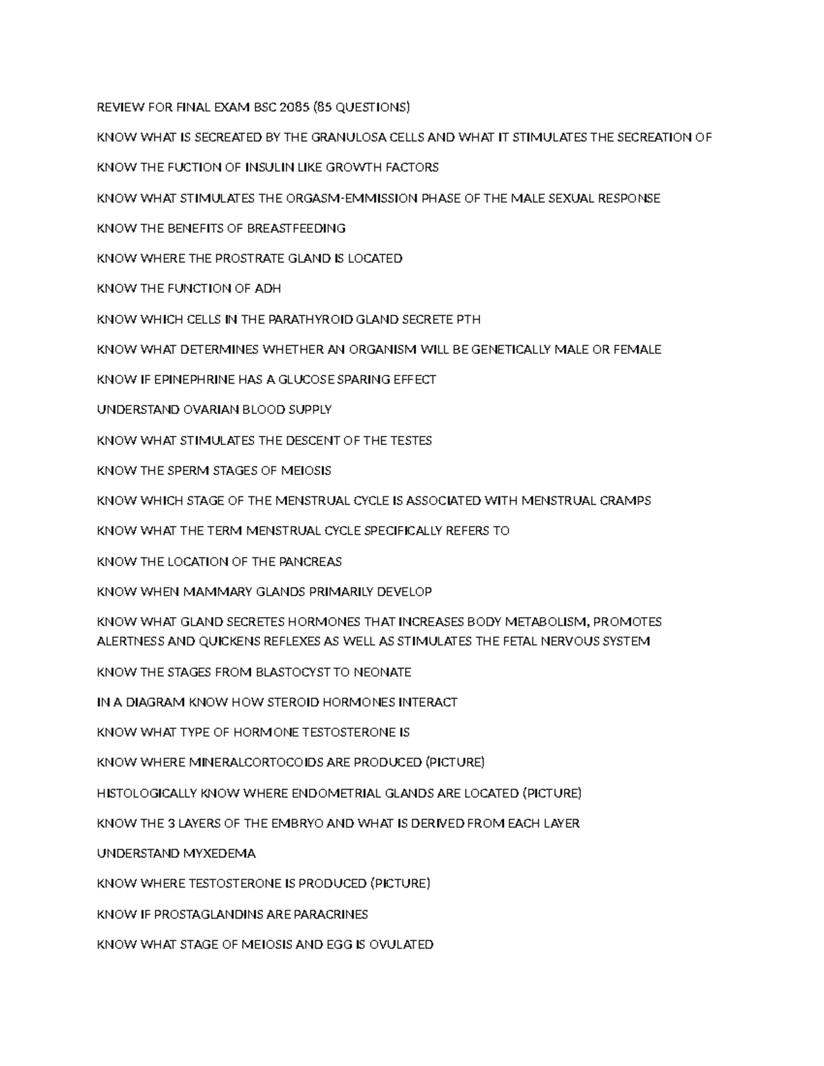Final Exam Review BSC 2085: Key Topics and Concepts Overview - Studocu