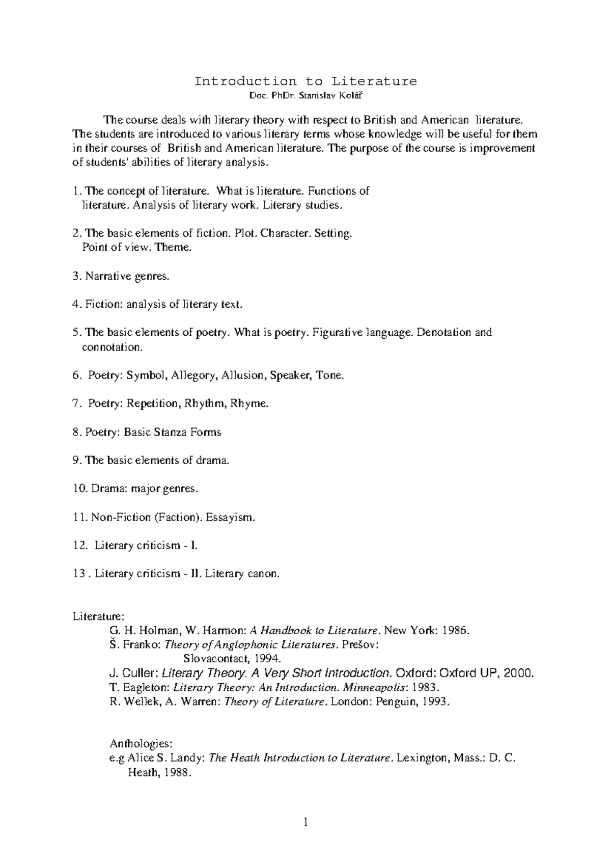 Introduction to Literature: Key Concepts and Analysis (Course Code ...