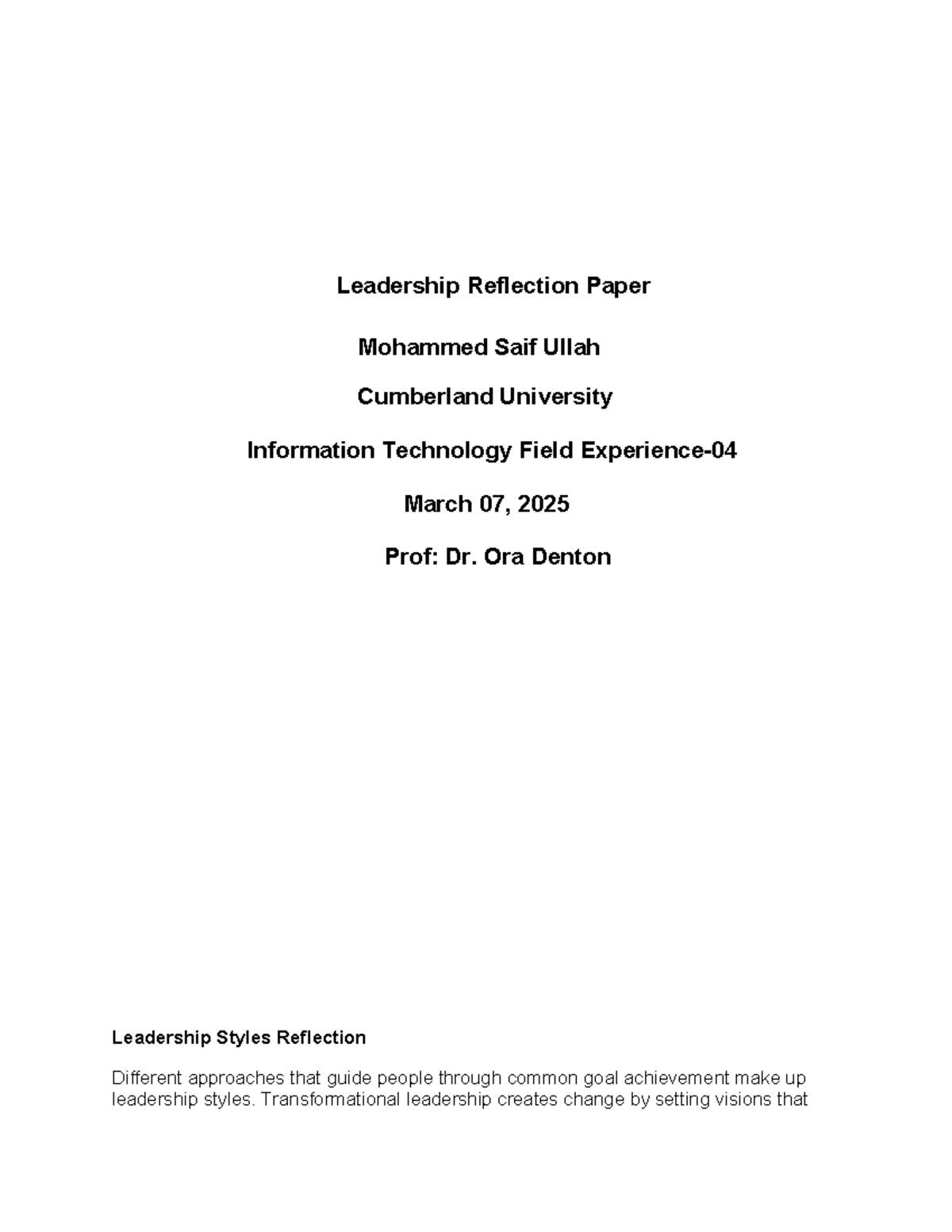 IT 101: Leadership Reflection Paper on Styles and Approaches - Studocu