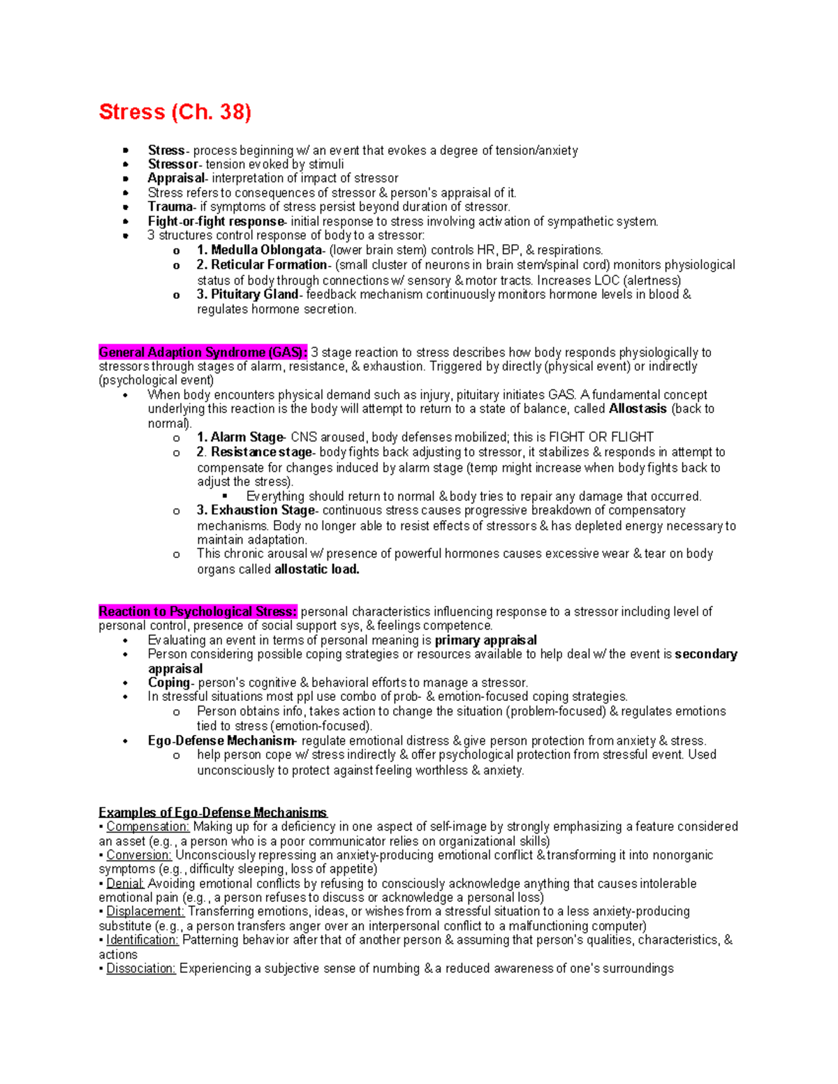 Stress (Ch. 38) - Comprehensive Textbook Notes on Stress Response - Studocu