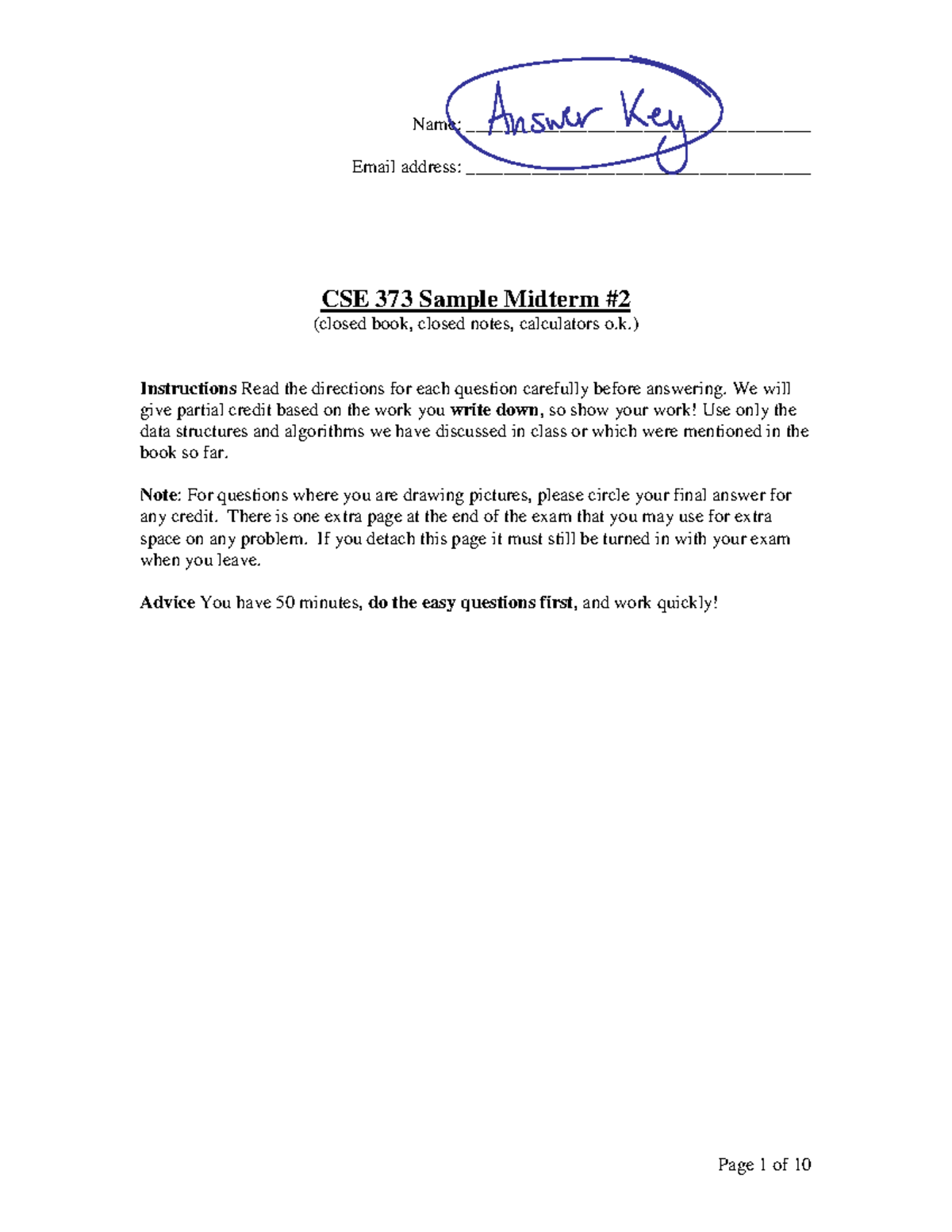 CSE 373 Midterm 02 Sample Exam Key and Solutions - Studocu