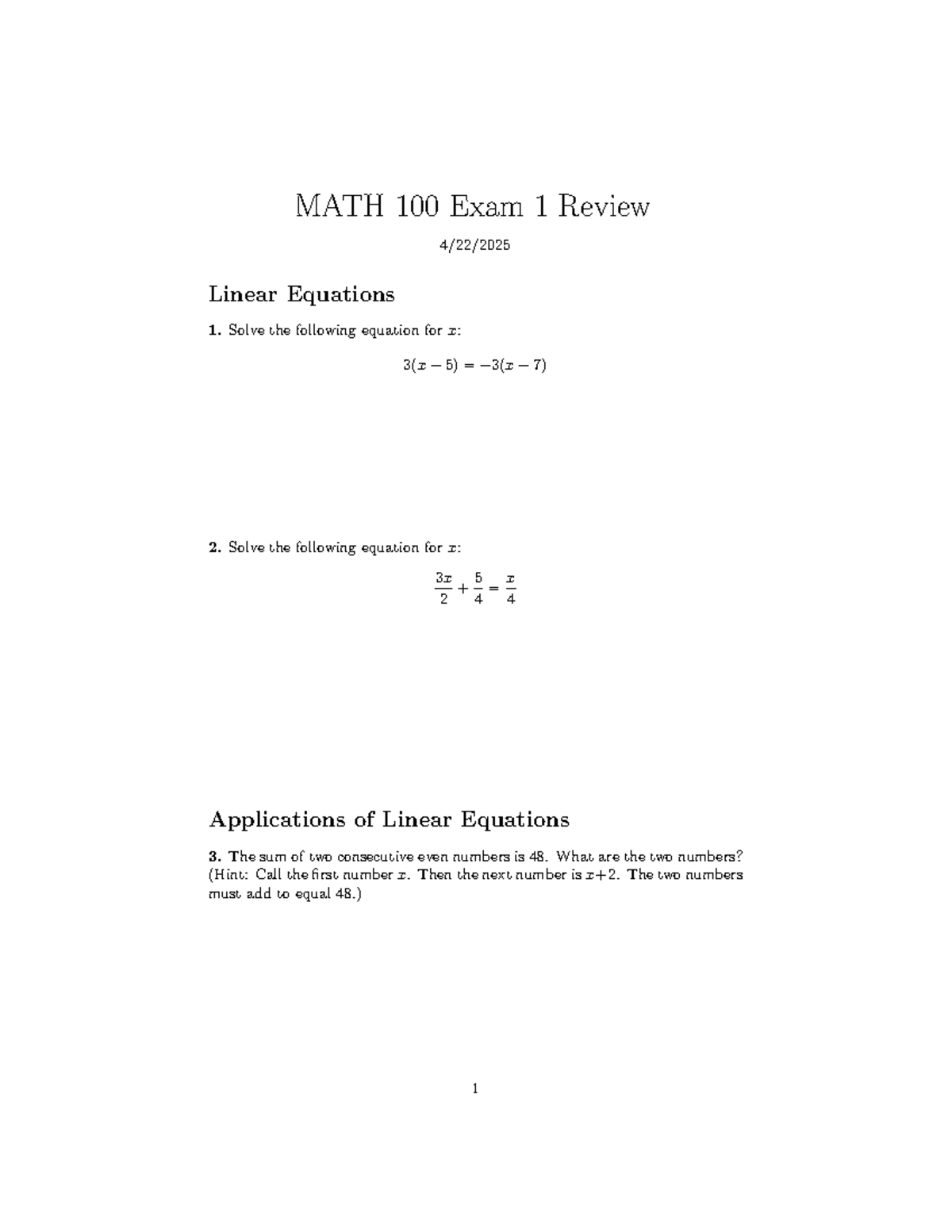 MATH 100 Exam 1 Review: Linear Equations & Applications - Studocu