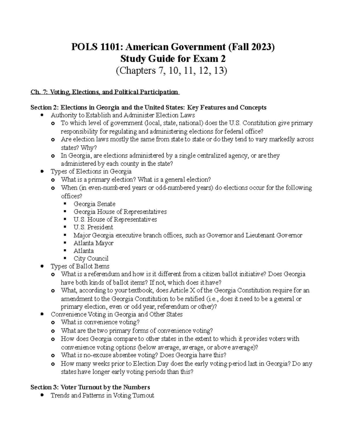 POLS 1101 Exam 2 Study Guide: Key Concepts from Chapters 7, 10-13 - Studocu