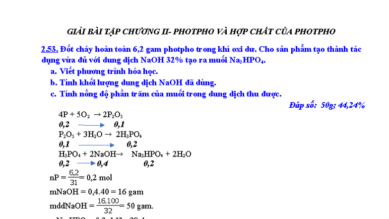 GIẢI BÀI TẬP CHƯƠNG PHOTPHO VÀ HỢP CHẤT CỦA PHOTPHO - Studocu