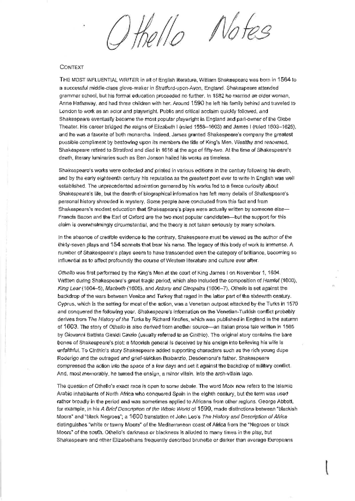 2025 - Othello Study Notes: Context, Themes, and Analysis - Studocu