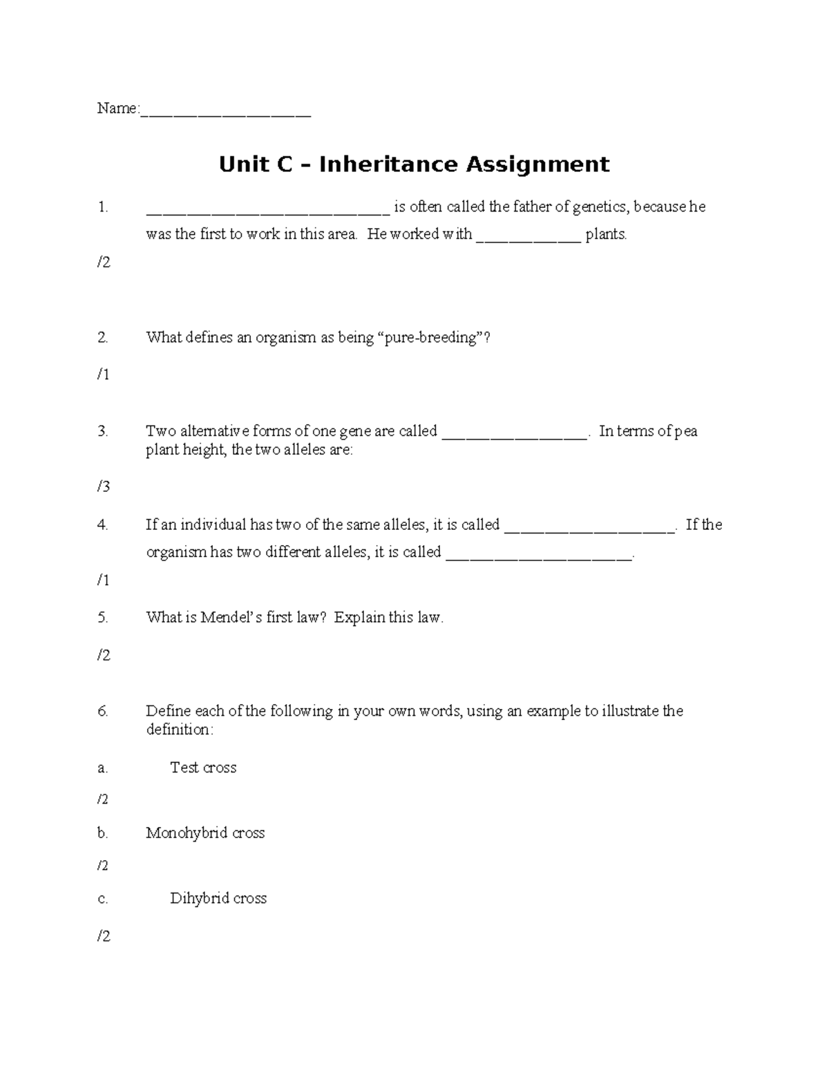Inheritance Assignment 1: Mendelian Genetics Concepts and Applications ...