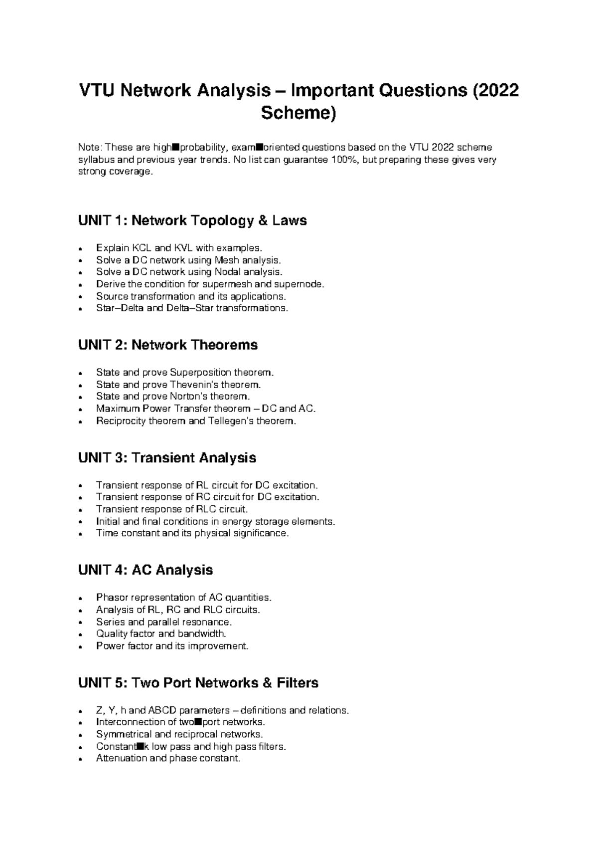 VTU Network Analysis Important Questions (2022 Scheme) - Studocu
