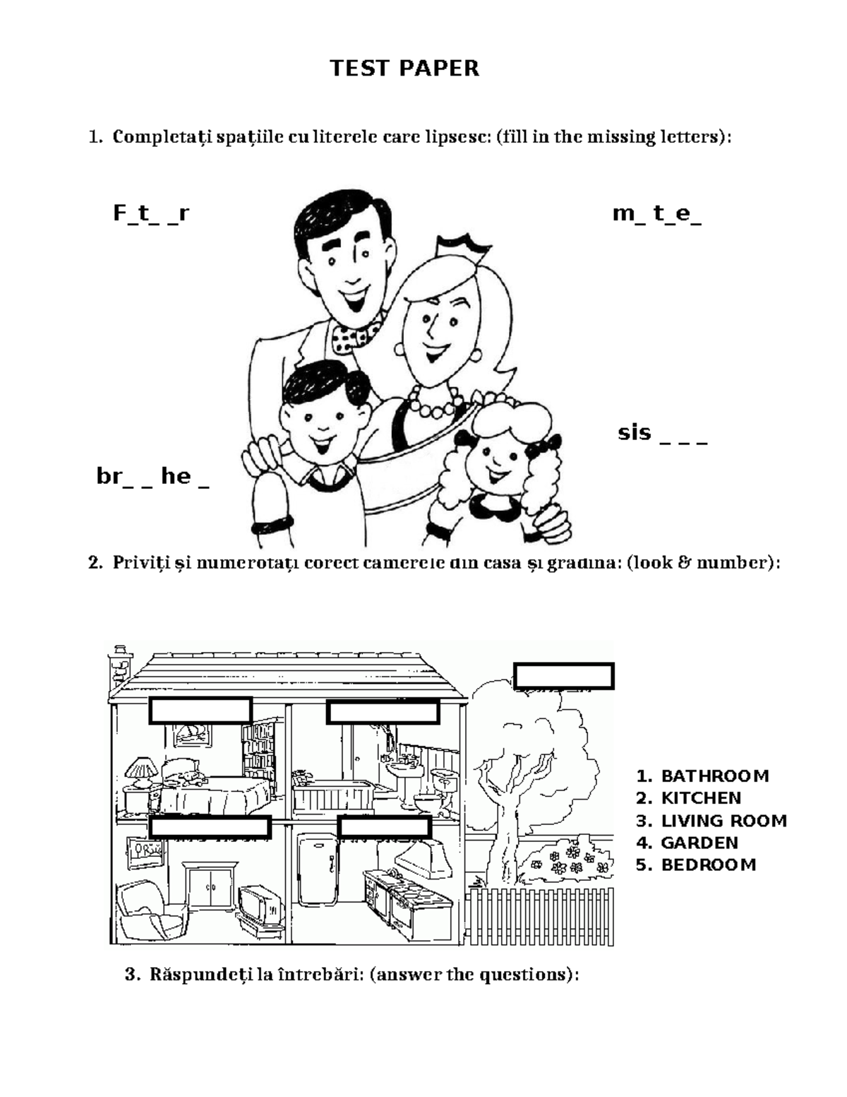 TEST PAPER cls a II a: Fill in the Blanks & Numbering Activities - Studocu