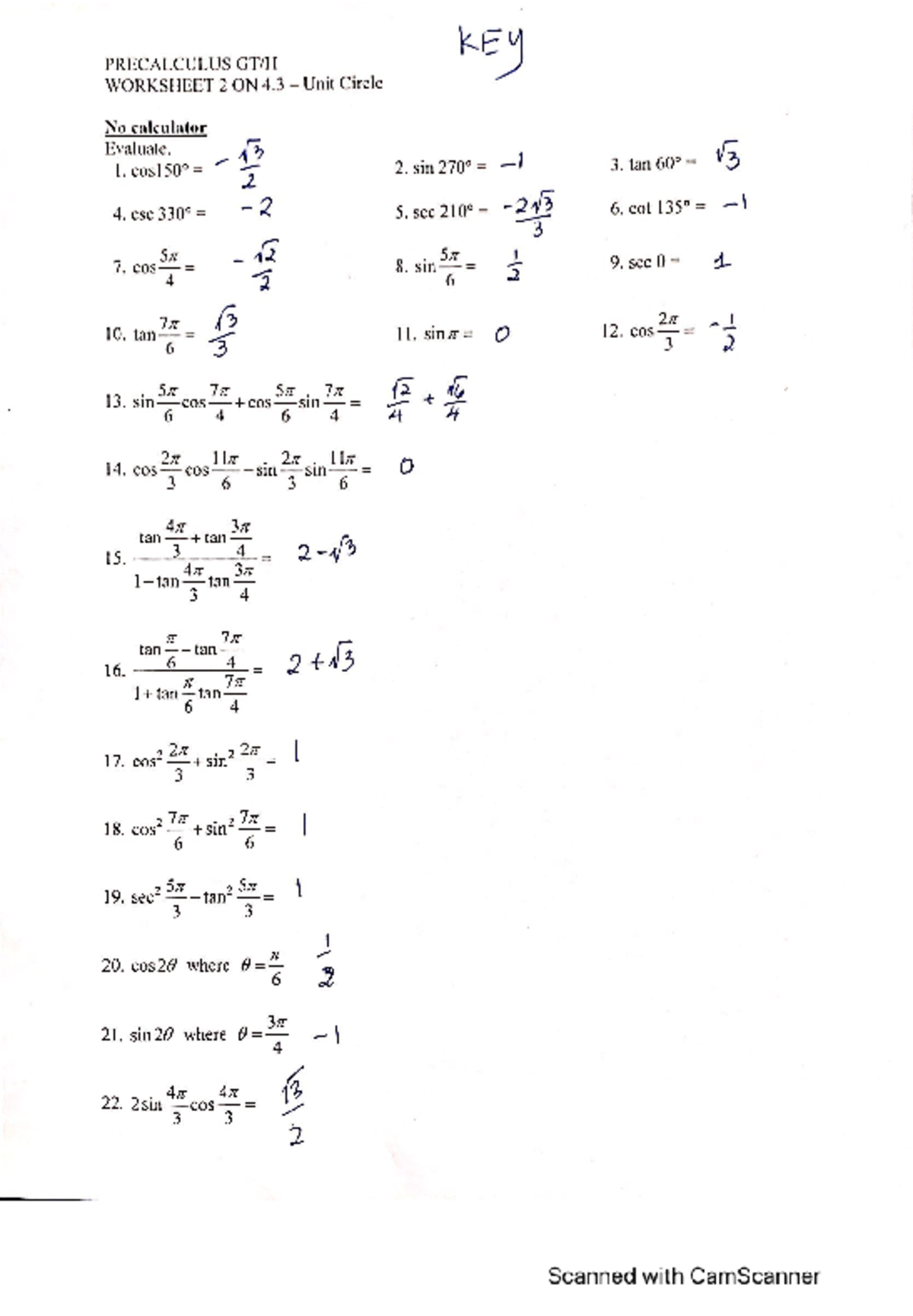KEY WS: Precalculus Unit Circle Worksheet Day 2 Evaluation - Studocu