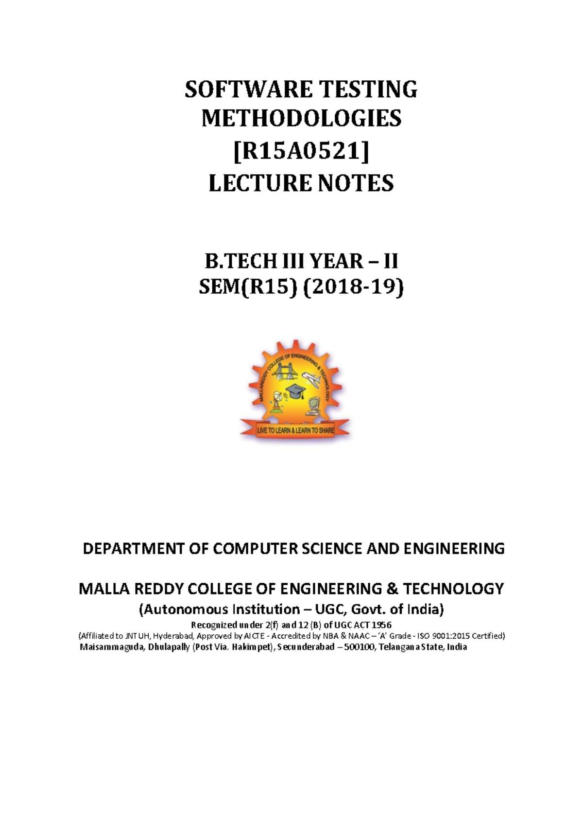 Software Testing Methodologies Lecture Notes - B.Tech II Year (R15 ...