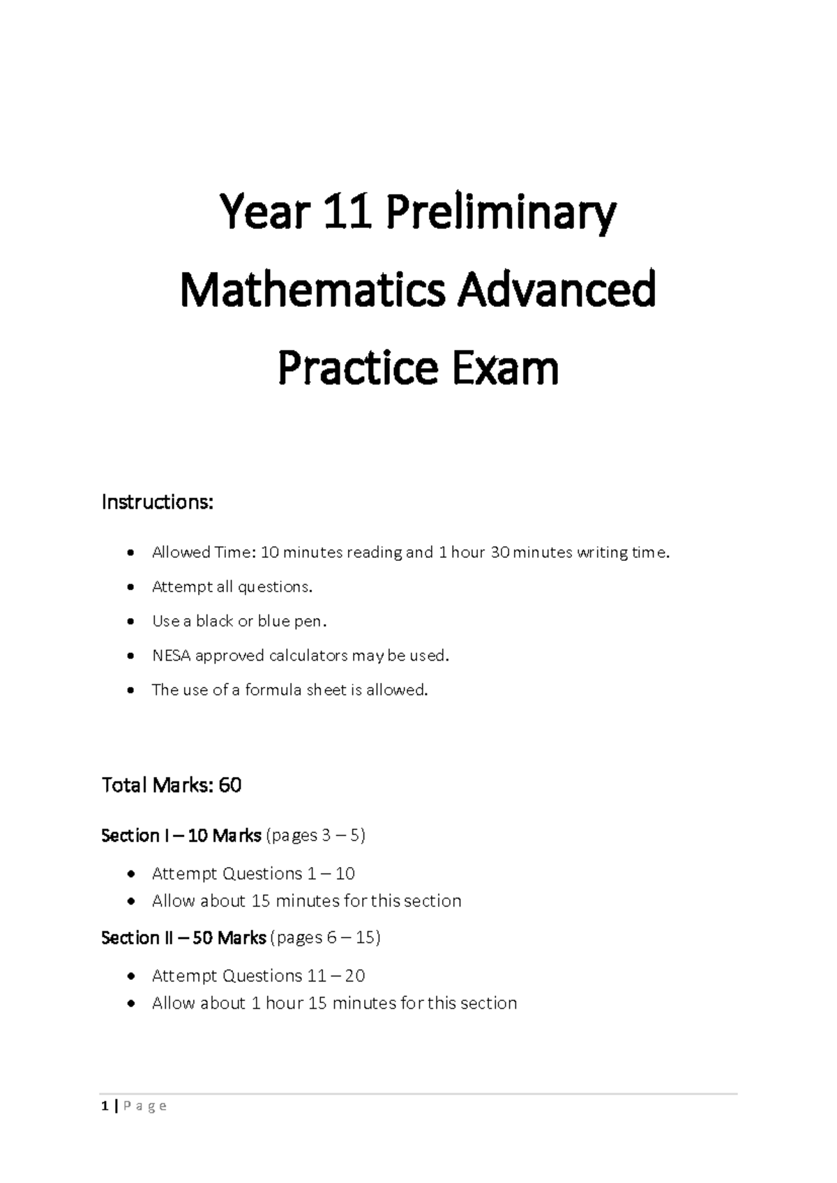 Year 11 Adv Math Practice Exam & Solutions 631327483709 - Studocu