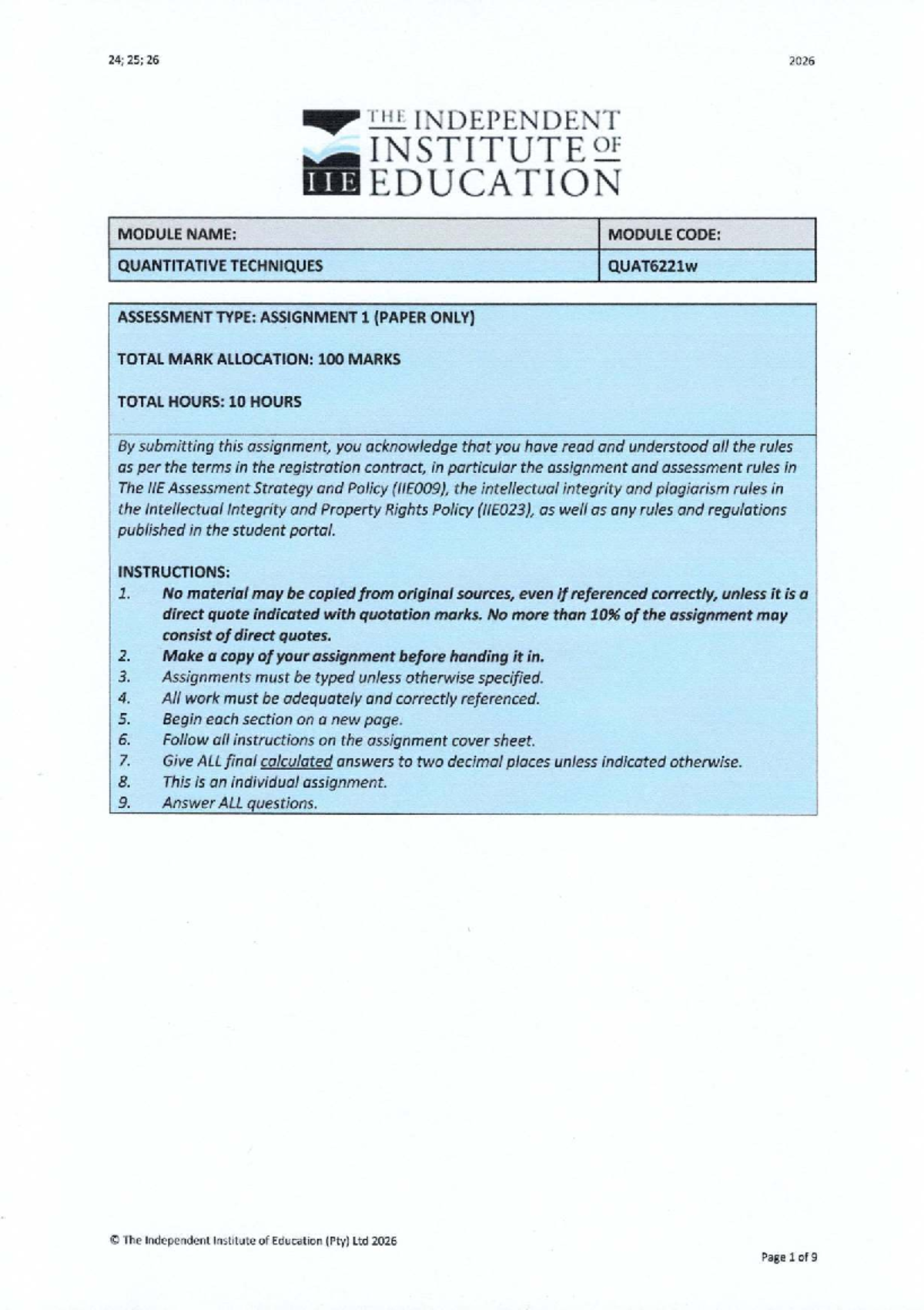 QUAT6221w A1 - Quantitative Techniques Assignment 1 Guide - Studocu