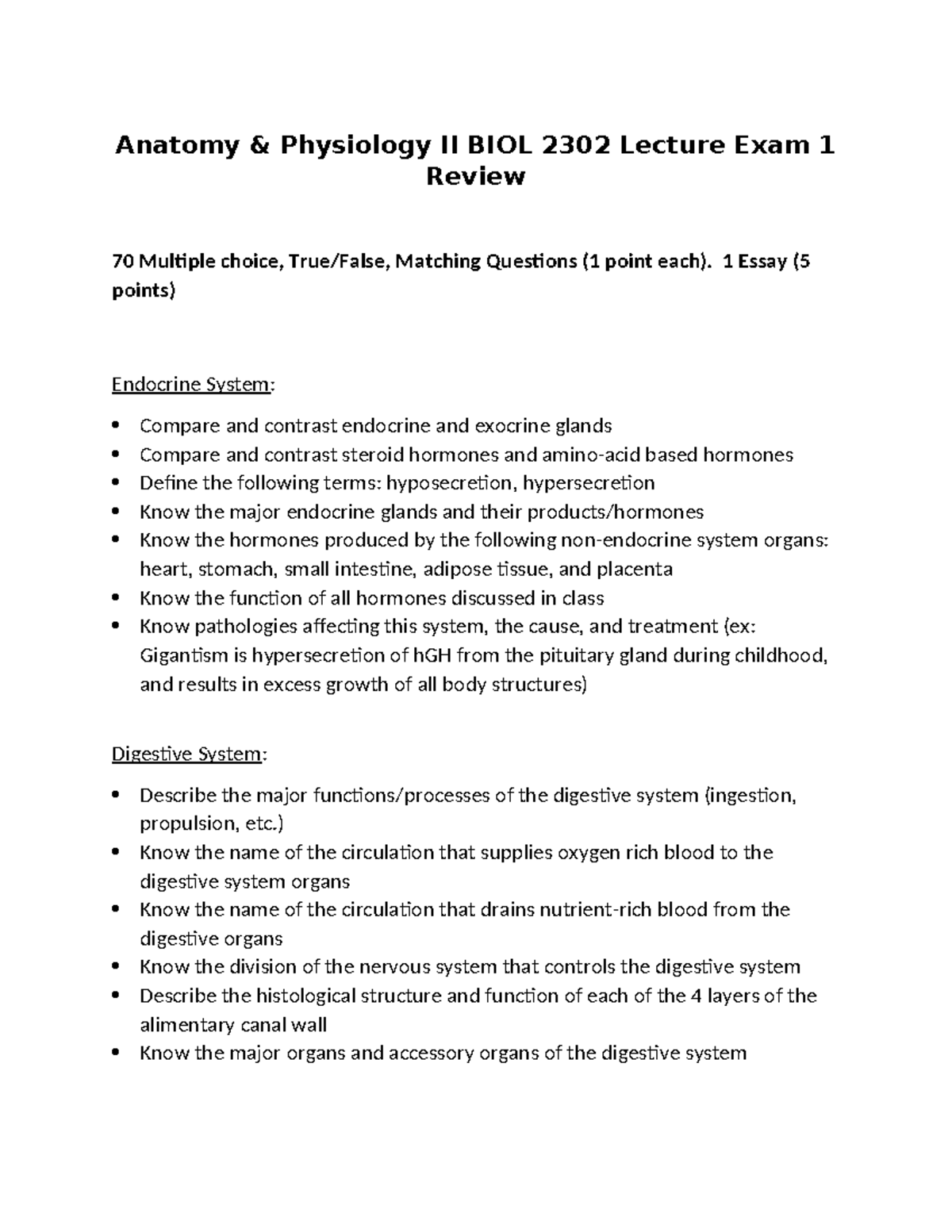 Anatomy & Physiology II BIOL 2302 Lecture Exam 1 Study Guide - Studocu