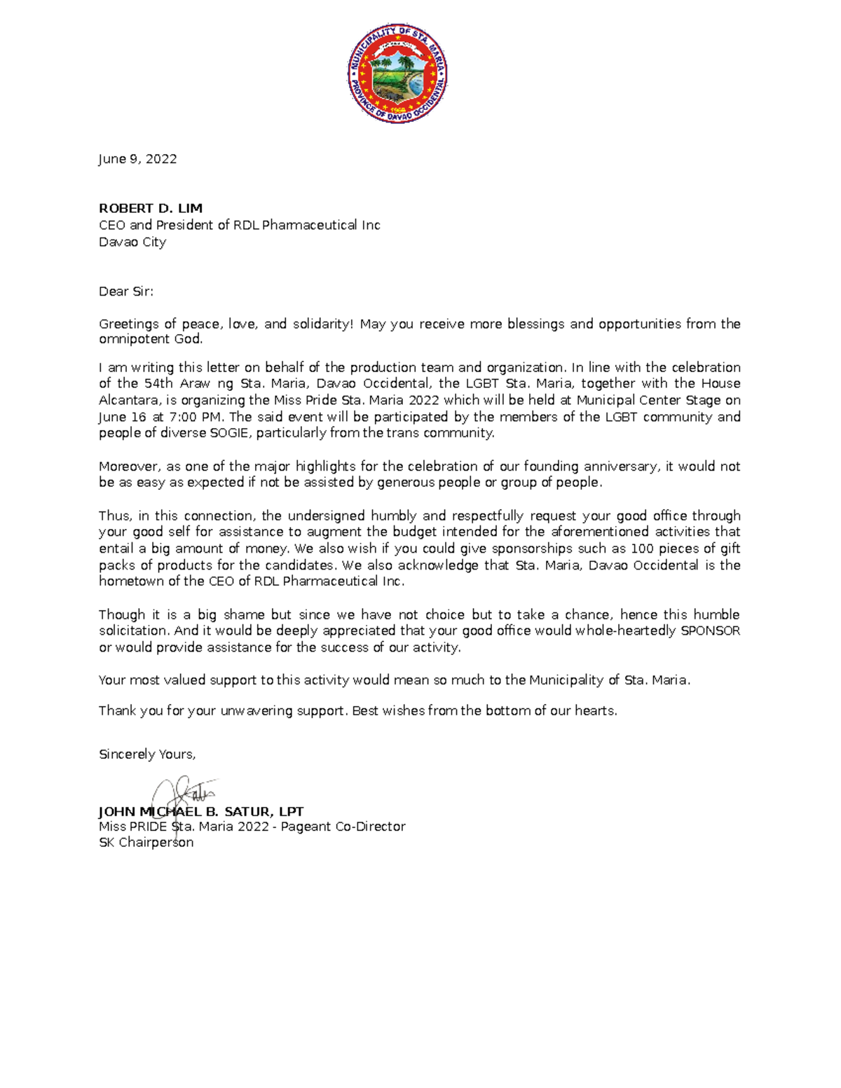 Letter Requesting Sponsorship for Miss Pride STA. Maria 2022 - Studocu