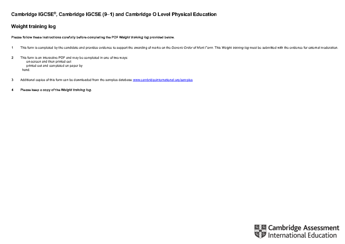 Cambridge IGCSE & O Level PE Weight Training Log Guide - Studocu