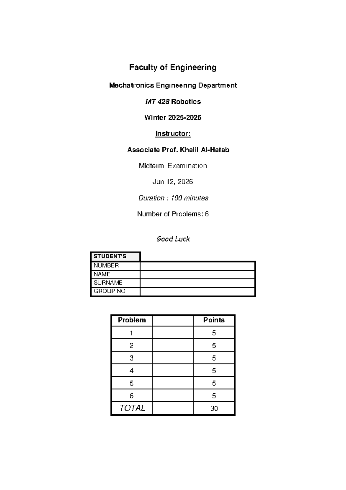 MT 428 Robotics Midterm Exam Study Guide - June 12, 2026 - Studocu