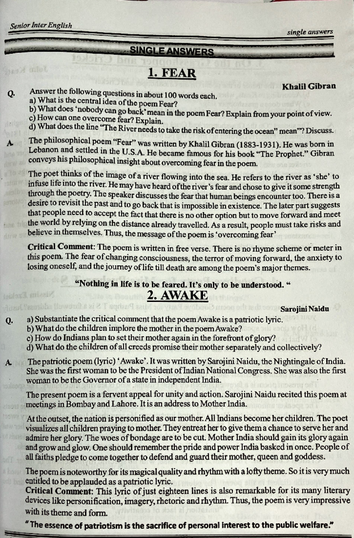 Senior Inter English: Analysis of Poems "Fear" and "Awake" - Document Preview