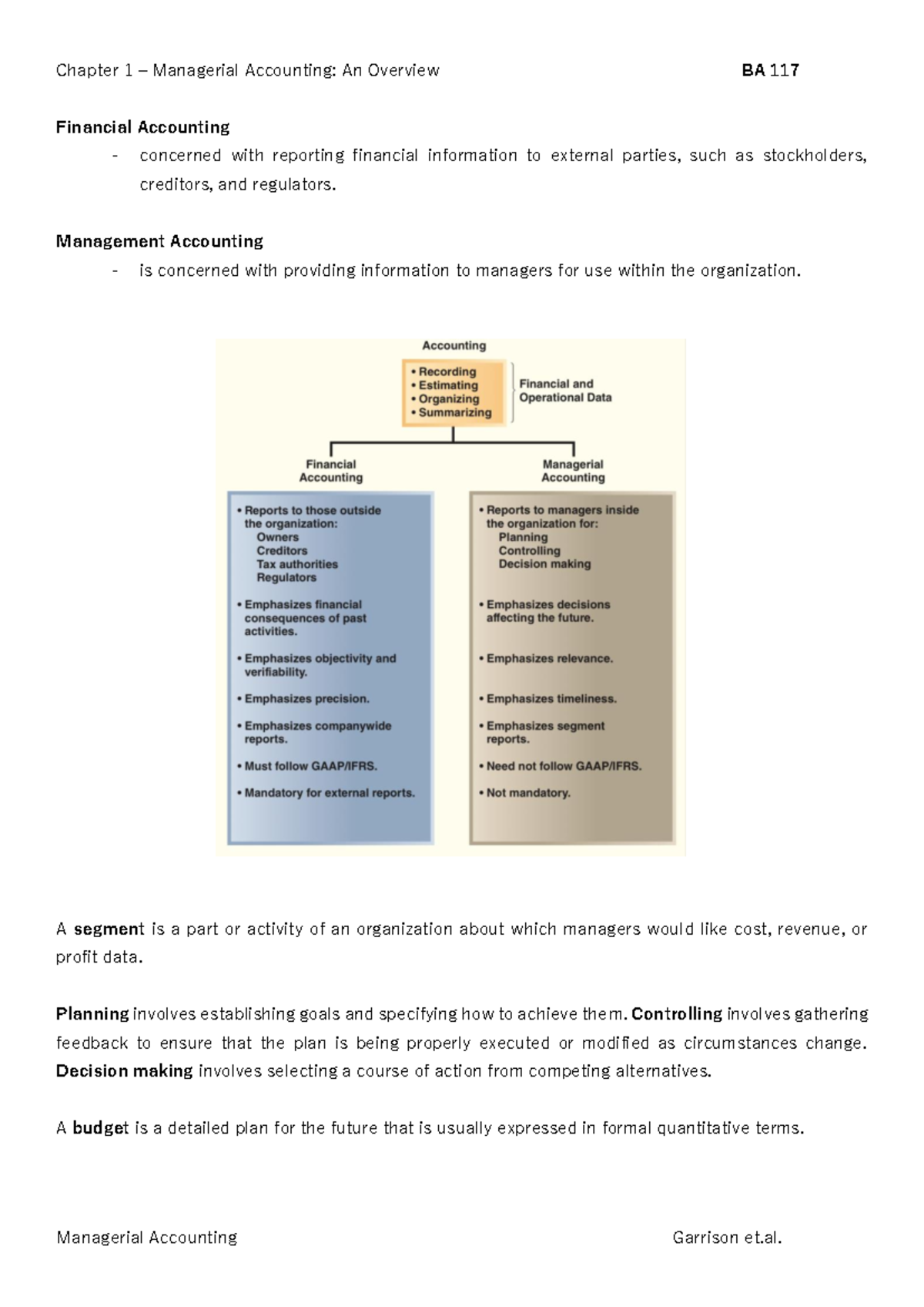 Chapter 1 Notes Garrison - Managerial Accounting Garrison et. Chapter 1 ...