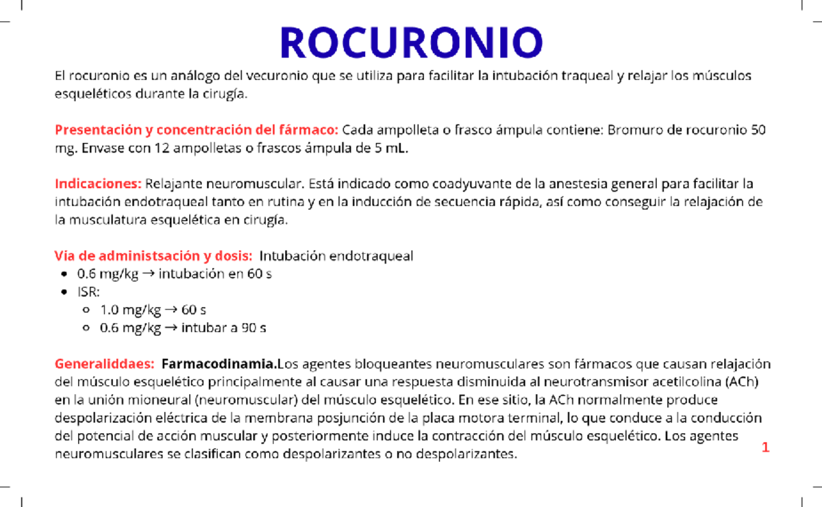 FARMACOS COLINÉRGICOS: ROCURONIO Y SU USO EN ANESTESIA - Studocu