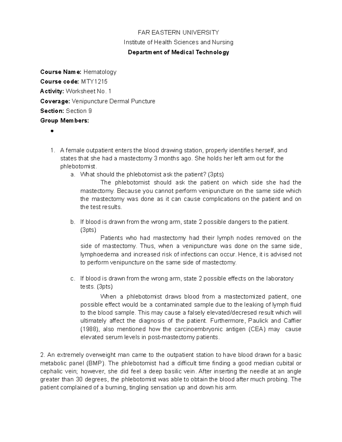 Group 2 HEMA Worksheet HEMA 2 FAR EASTERN UNIVERSITY Institute of