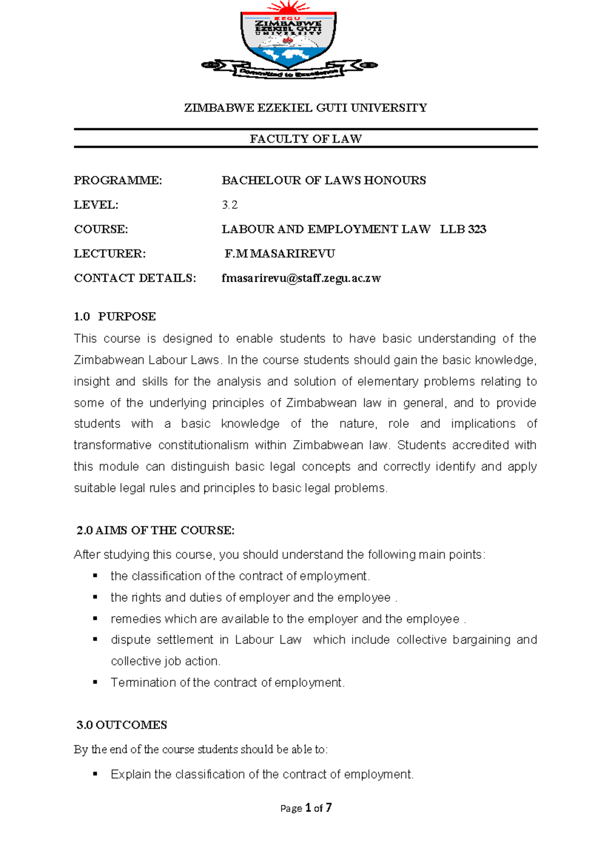 Labour and Employment Law Course Outline LLB 323 - 2025 - Studocu