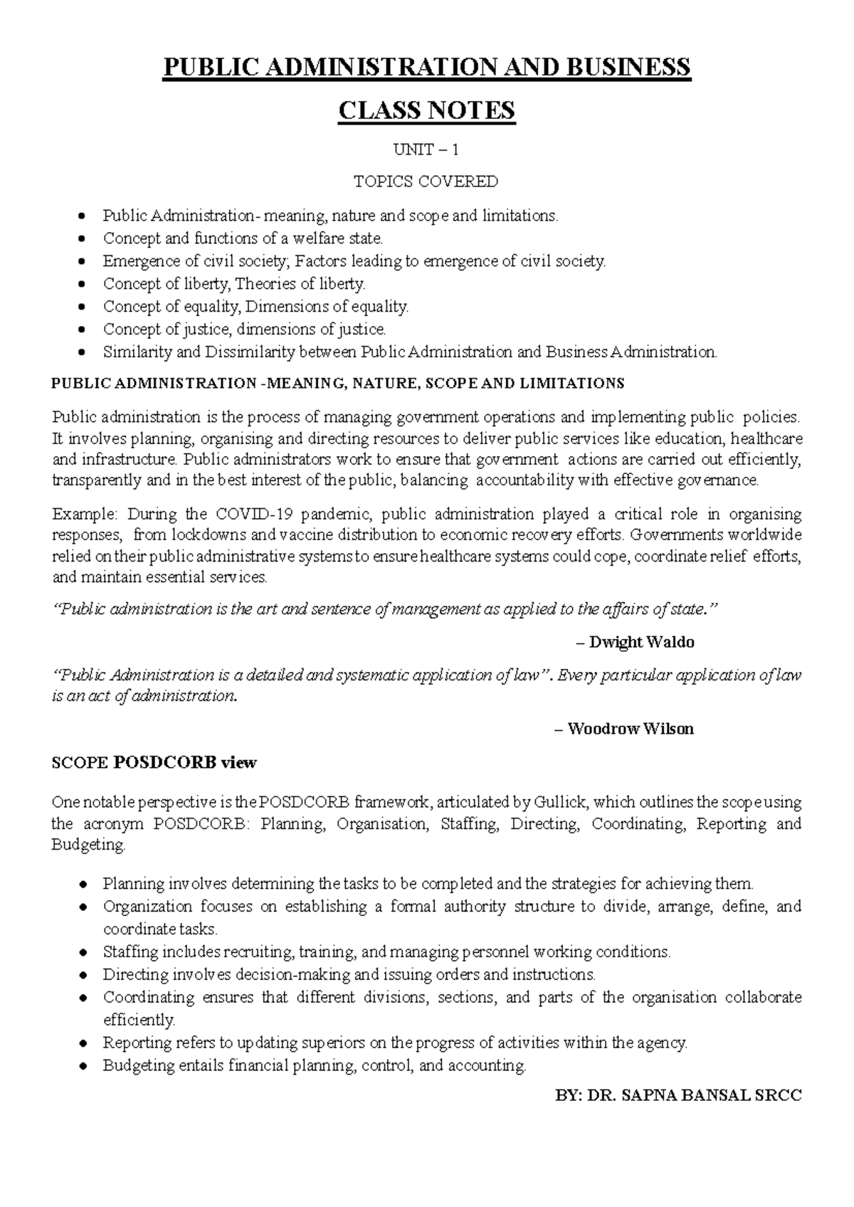 PUBLIC ADMINISTRATION AND BUSINESS NOTES UNIT 1: KEY CONCEPTS AND ...
