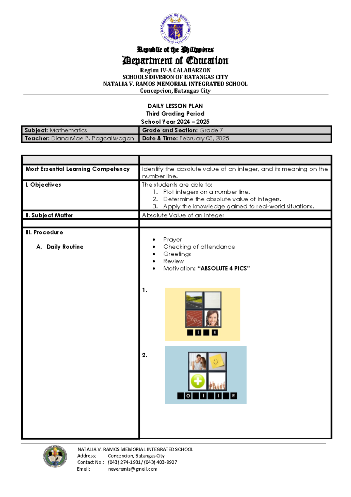 Mathematics Lesson Plan: Absolute Value (Grade 7, SY 2024-2025) - Studocu