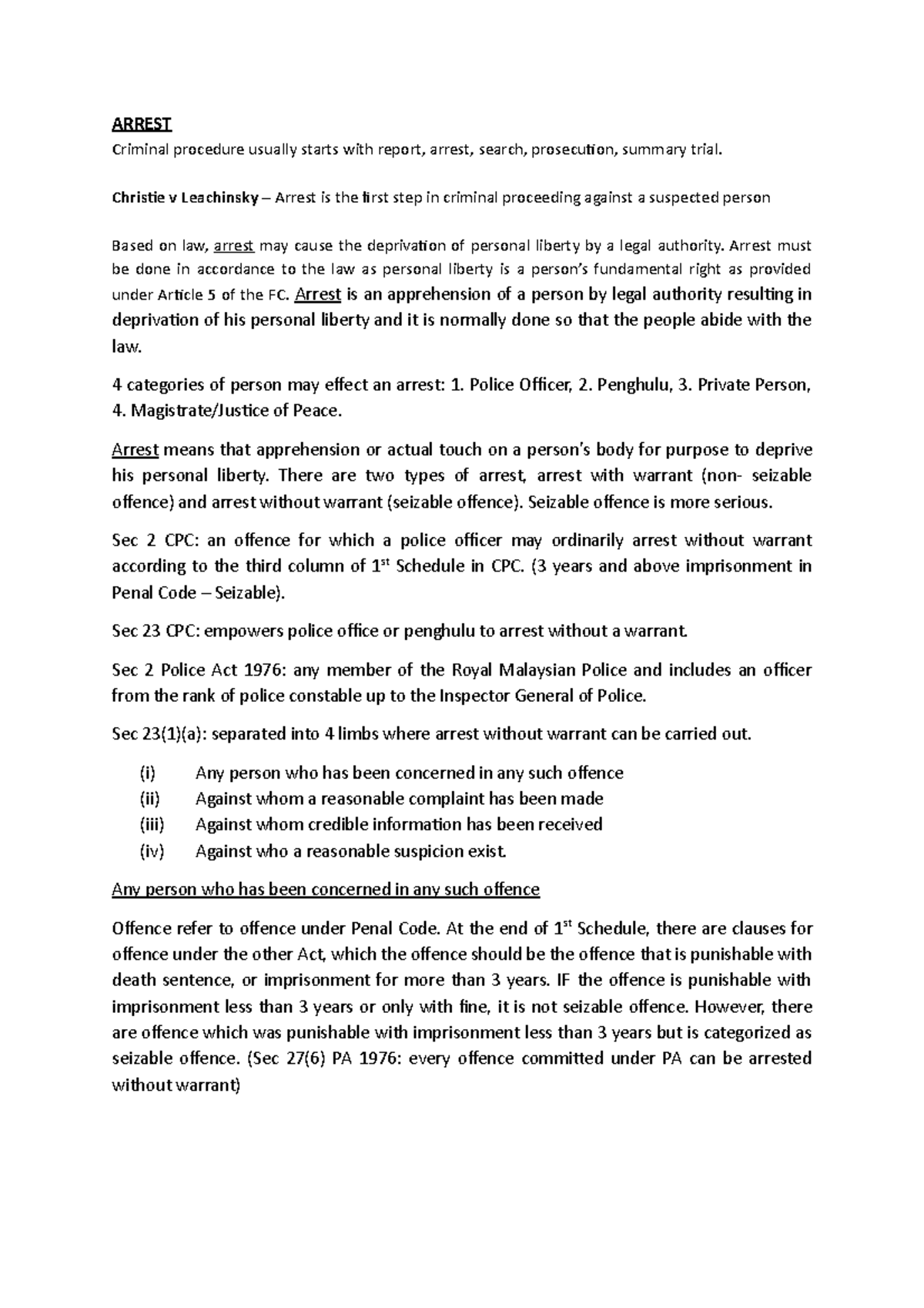 Pl Arrest - ARREST Criminal procedure usually starts with report ...
