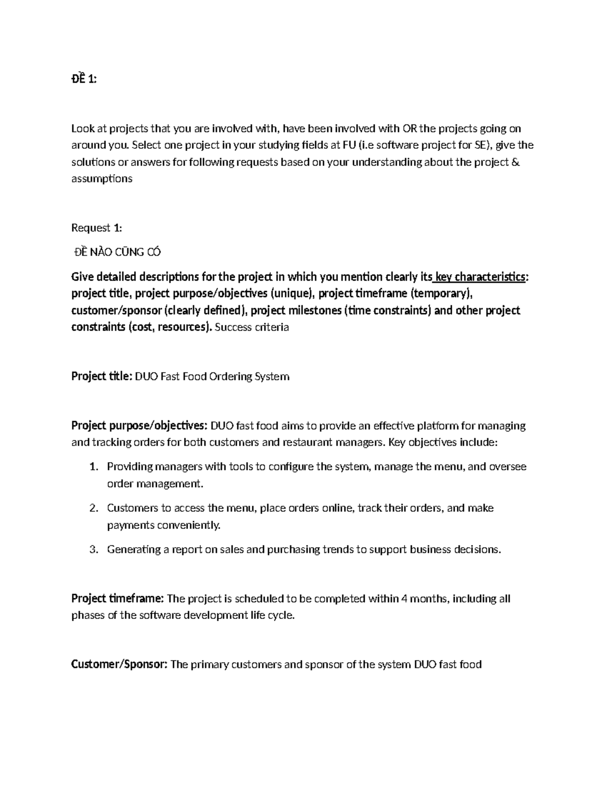 ĐỀ 1: Project Management Plan for DUO Fast Food Ordering System (SP24 ...