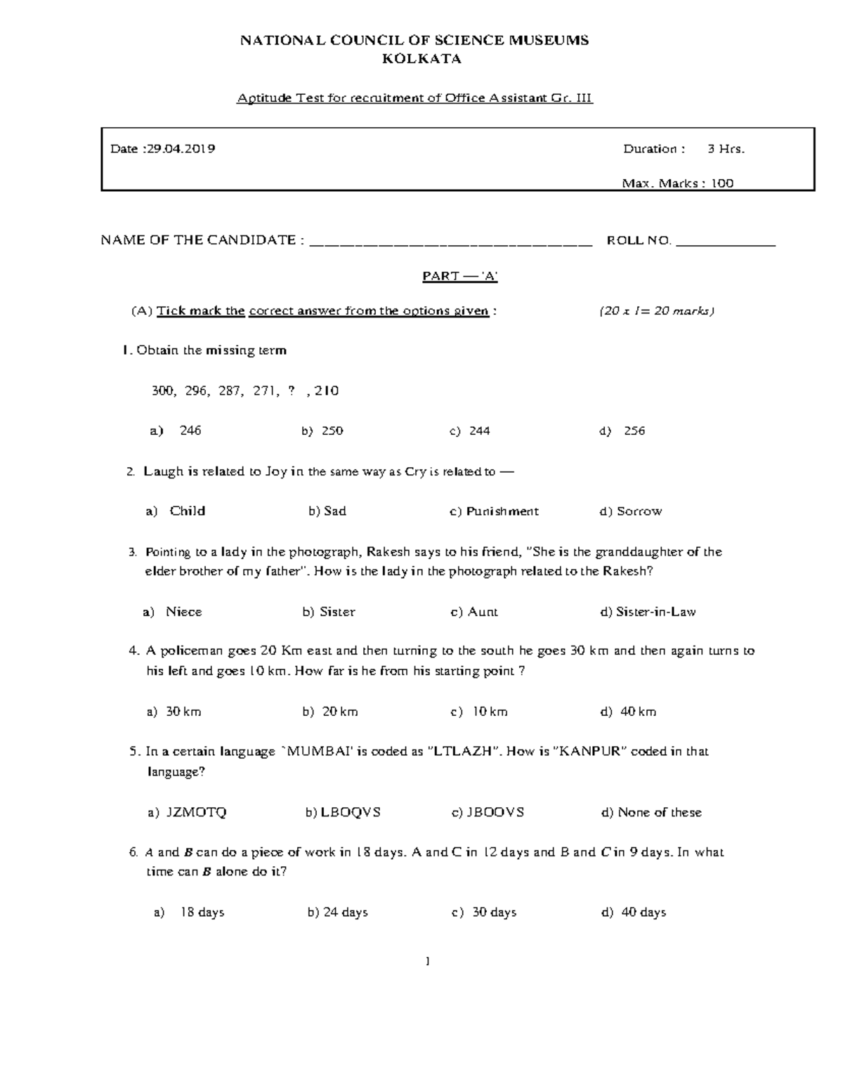 Aptitude test question paper for office assistant Gr. III - 29.04.2019 ...