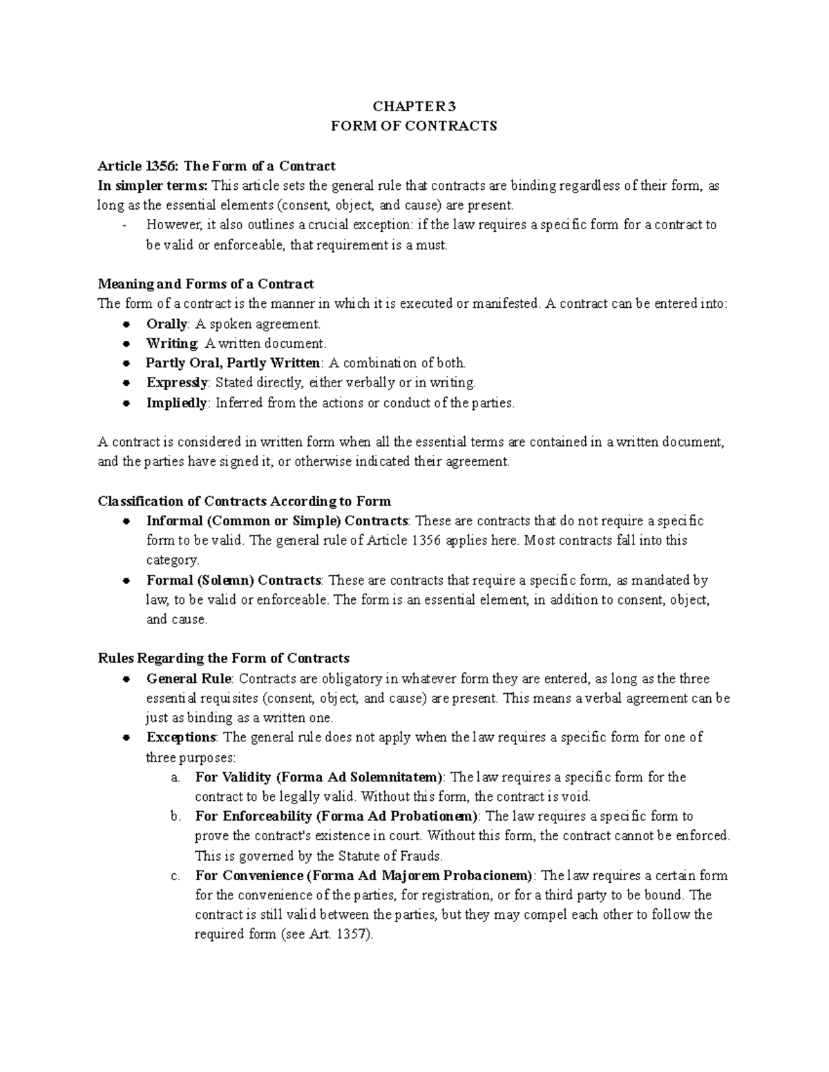 CHAPTER 3: FORM OF CONTRACTS (Articles 1356-1379) - Simplified Overview ...