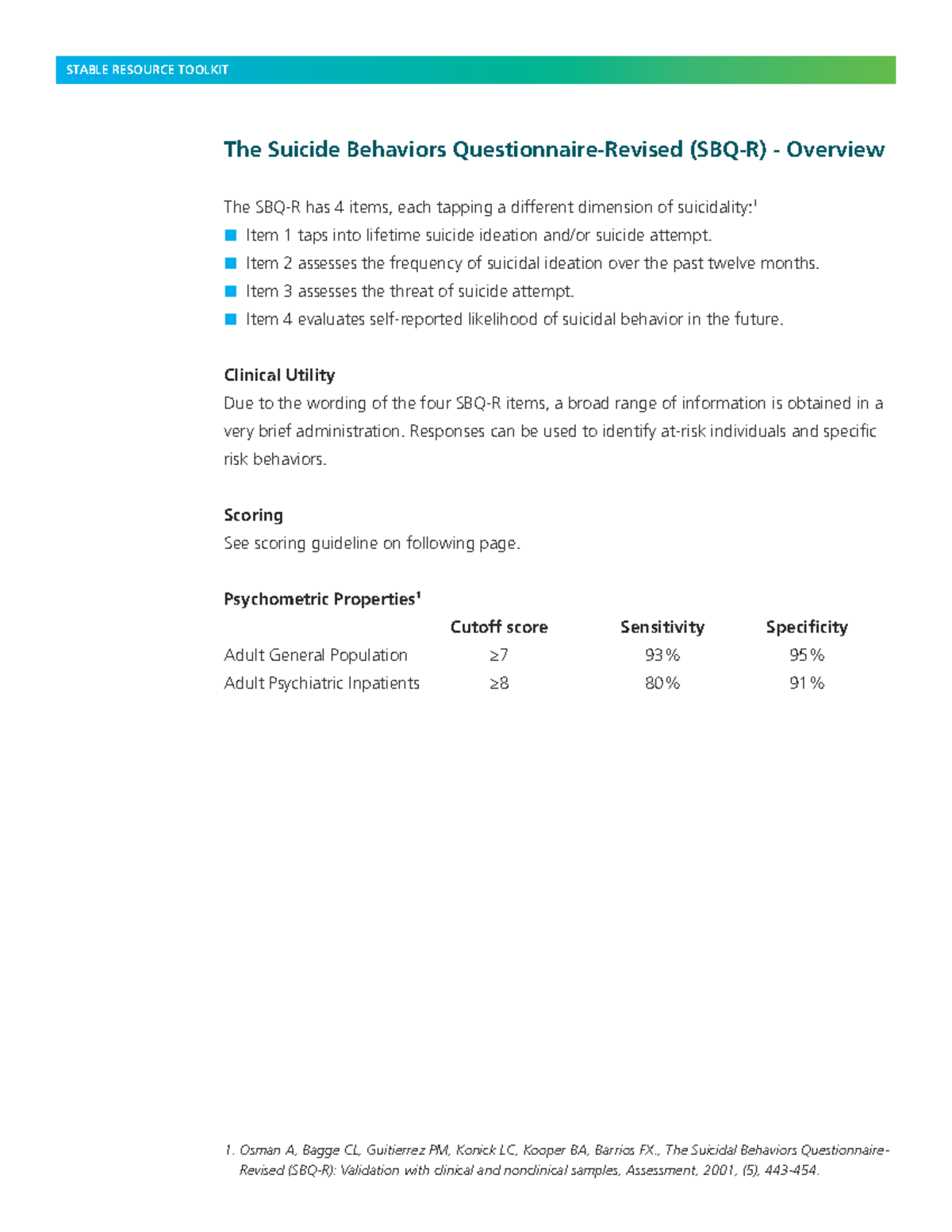 SBQ-R: Suicide Behaviors Questionnaire Overview and Scoring Guide - Studocu