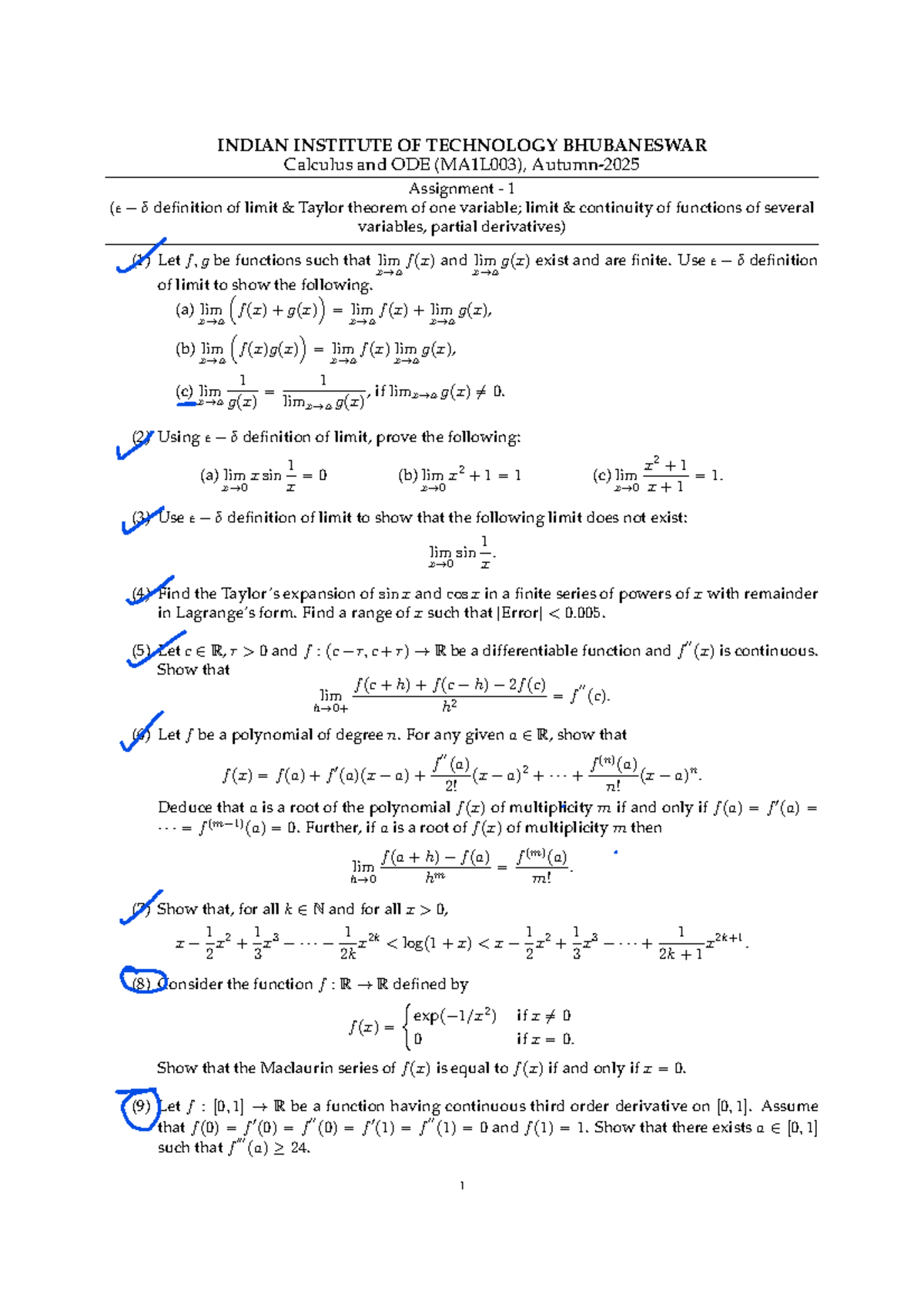 Calculus and ODE (MA1L003) - Assignment 1: Limits and Continuity - Studocu
